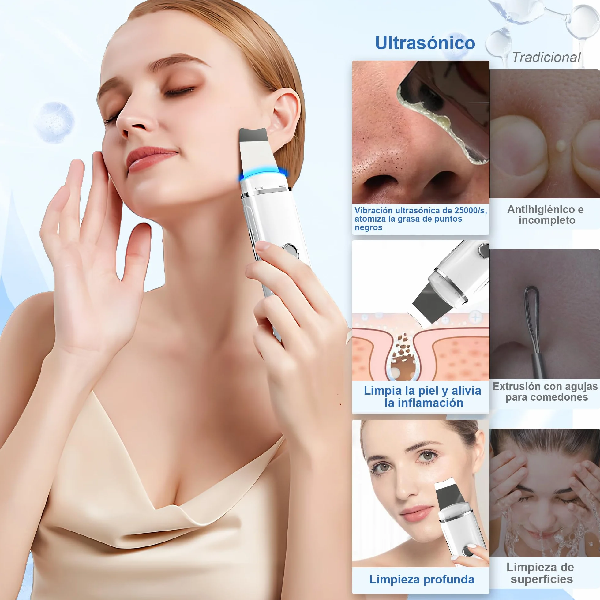 Peeling Ultrasónico Facial con 4 Modos y Luz Azul Roja, Limpiador de Ultrasonidos