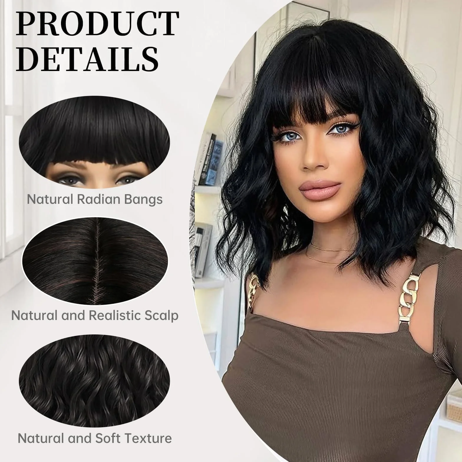 Peluca Corta Ondulada Negra con Flequillo Bob para Mujer, Pelo Sintético Rizado para Fiestas