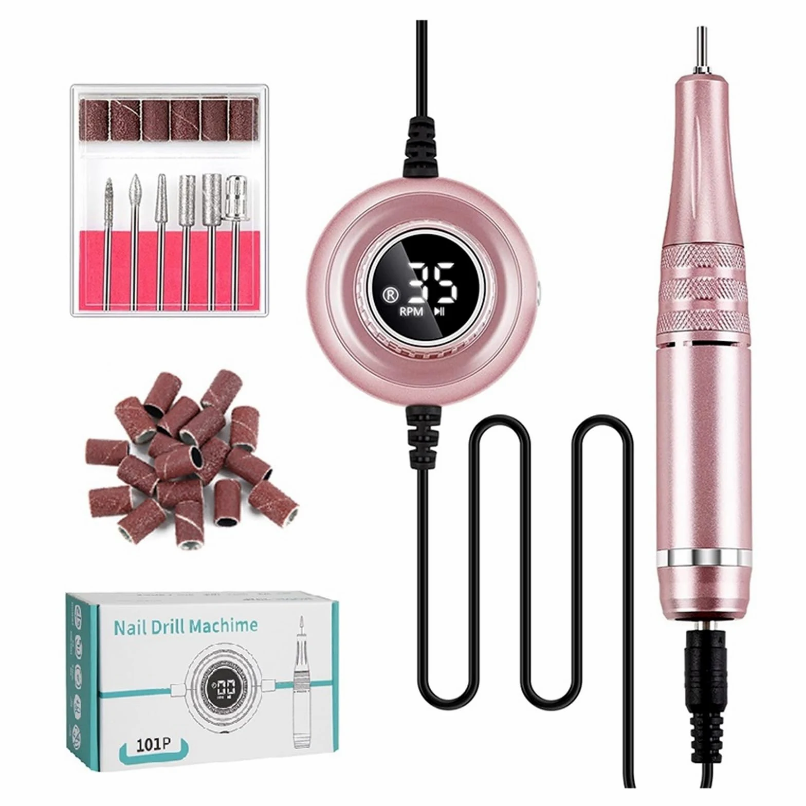 Taladro de uñas, Máquina de manicura 35000 RPM, taladro uñas eléctrico, torno portátil, juego cortador, pulidor en gel, equipo salón Para uso doméstico(101P Pink)