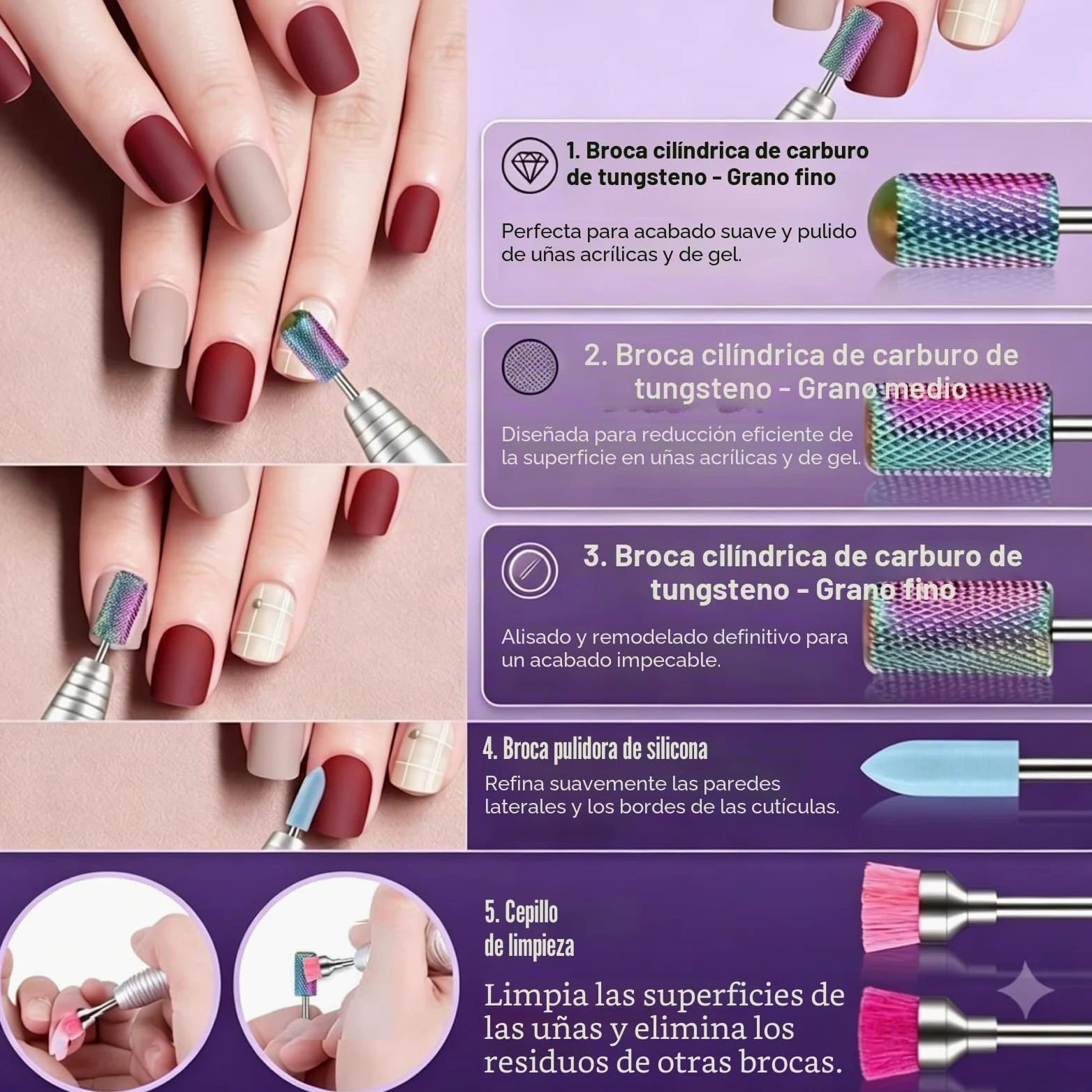 Depvko Juego de 25 brocas para uñas con estuche plateado y 50 bandas de lijado, 3/32'' fresas torno para uñas herramienta para quitar cutículas carburo diamante cerámica para esmalte de uñas, salón
