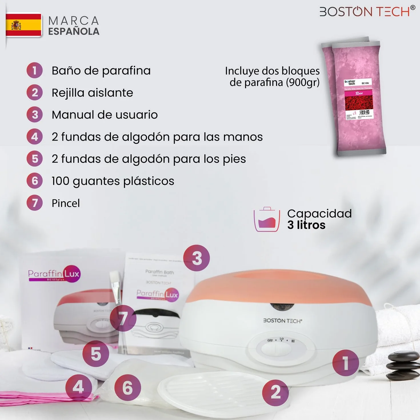 Boston Tech Baño de Parafina para Manos 3L Alivia Dolor Muscular Artrosis Hidrata Revitaliza Piel