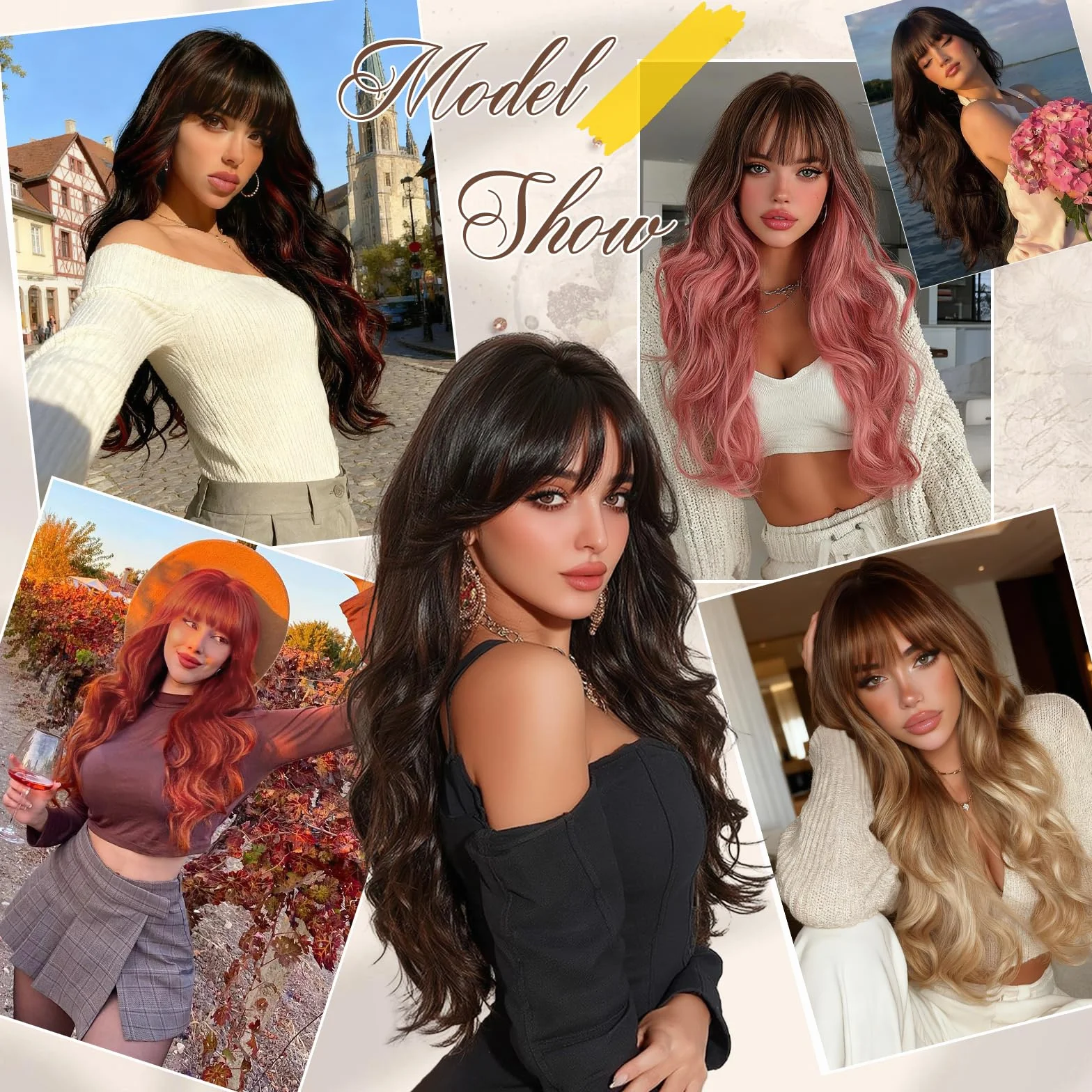 Sofeiyan Peluca Larga Ondulada 60 cm Negro Degradado Burdeos Resistentes al Calor con Flequillo para Mujer Cabello Sintético