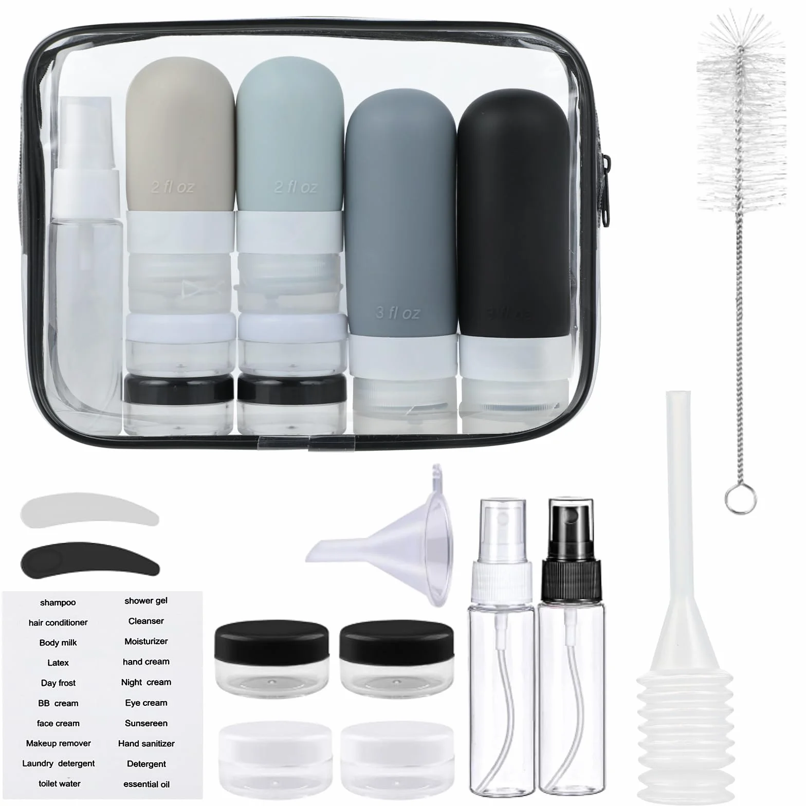 Kit de Viaje Botes Rellenables de Silicona Set de 17 a Prueba de Fugas Negro