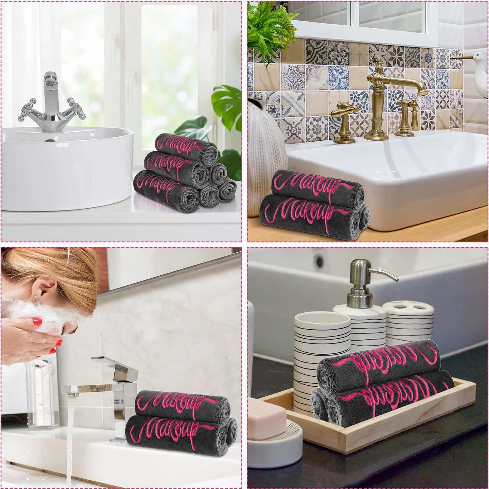 Preboun Paquete de 96 paños desmaquillantes, toallas de maquillaje de 13 x 13 pulgadas, toallas faciales de microfibra suave a granel, paños de maquillaje reutilizables con bordado de maquillaje para