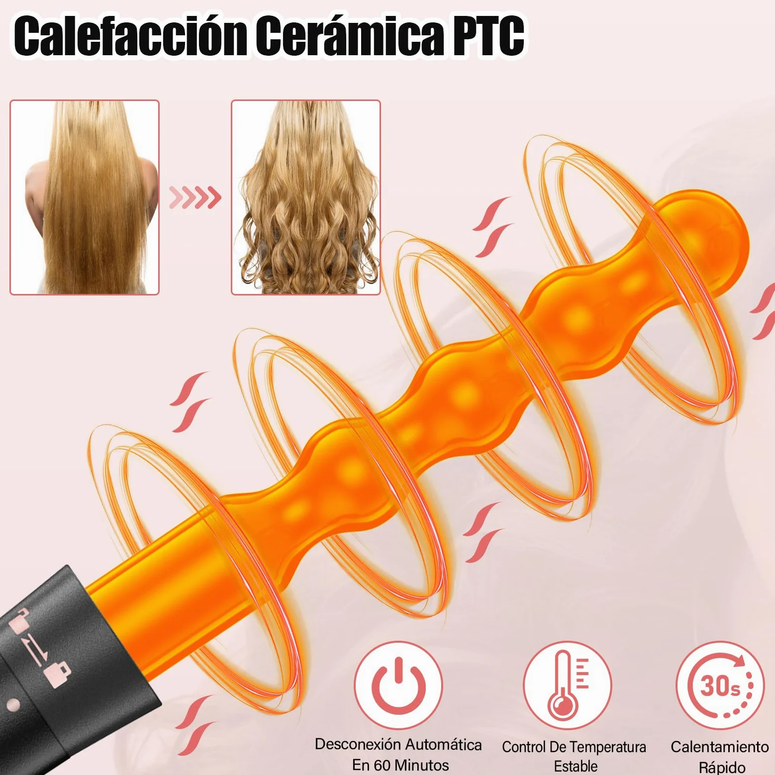 Rizador de Pelo 5 en 1 con 5 Accesorios Intercambiables, Rizador Pelo Ondas, Plancha Ondas de Cerámica, Temperatura Ajustable, Calentamiento Rápido, Rizador Tres Barriles para Rizos y Ondas