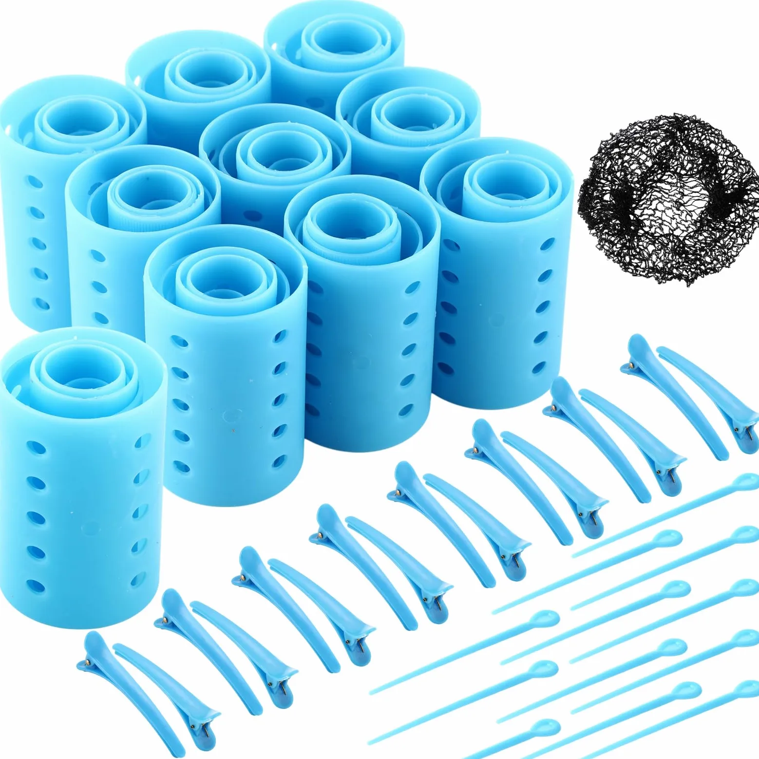 WILLBOND El juego de 141 rodillos para el cabello incluye 60 rodillos de plástico para el pelo (azul, 6 tamaños)