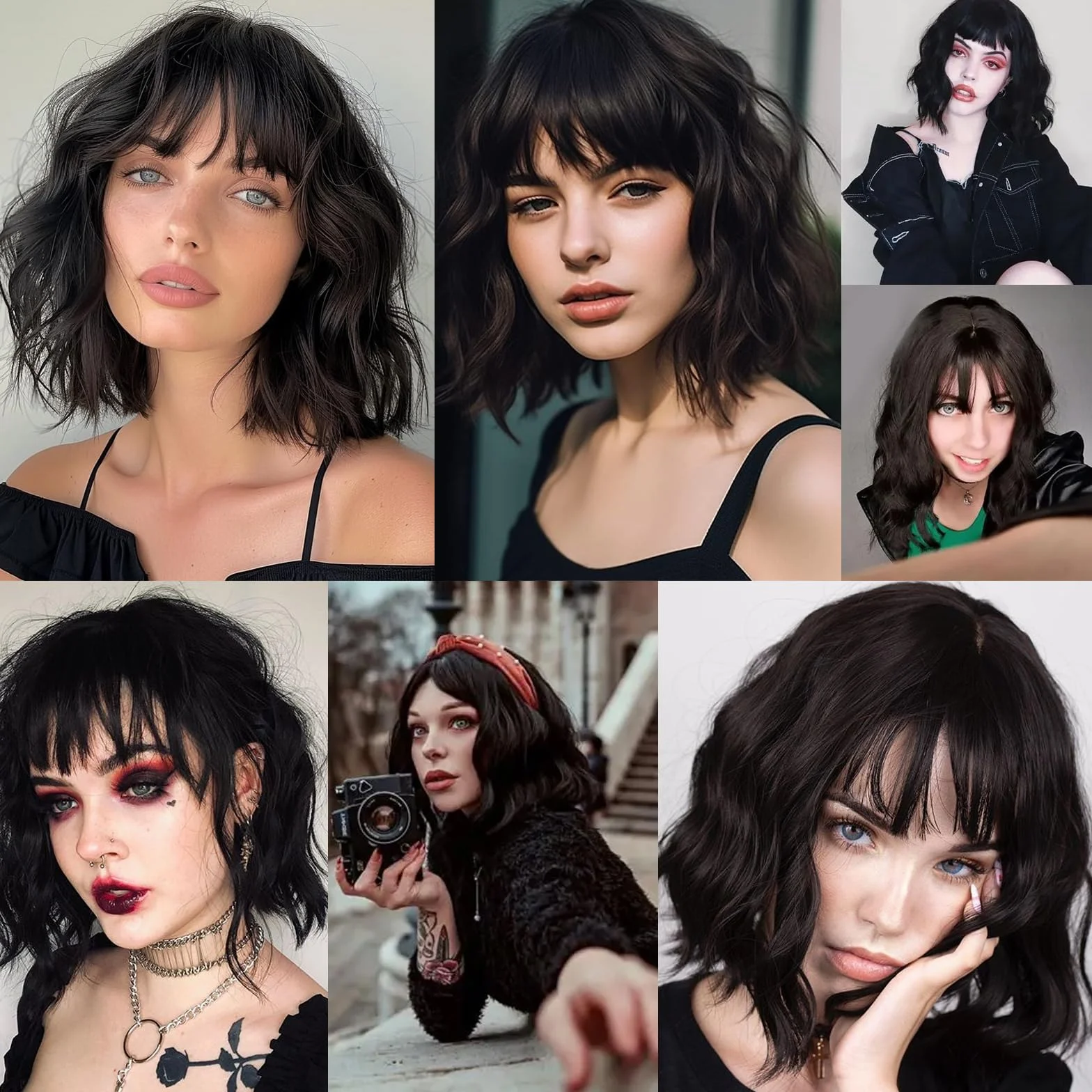 Peluca Corta Ondulada Negra con Flequillo Bob para Mujer, Pelo Sintético Rizado para Fiestas