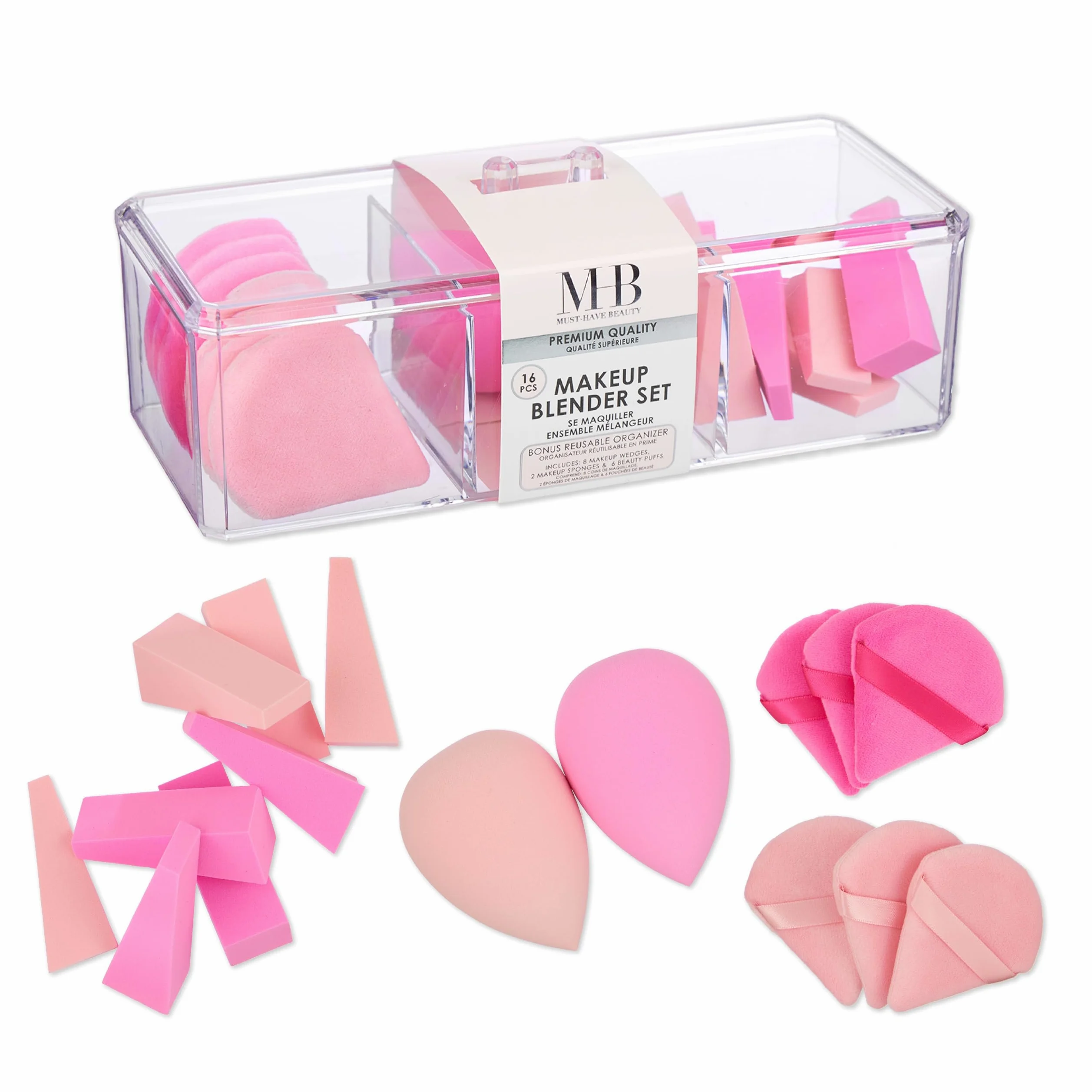 Expressions Juego de 16 esponjas de maquillaje rosas y organizador de artículos esenciales de belleza | Mezcladores de belleza surtidos, esponjas de maquillaje y cuñas para una aplicación de