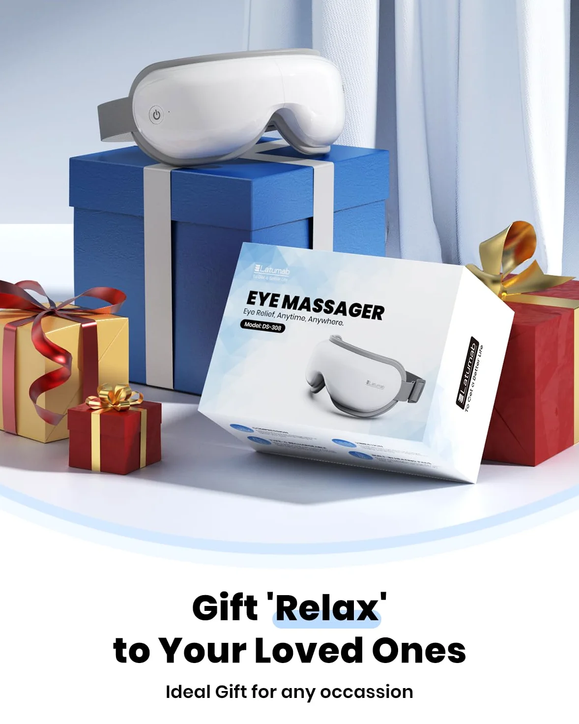 latumab Masajeador de ojos con calor, máscara de ojos calentada con música Bluetooth, masajeador facial, máscara para aliviar la migraña y el dolor de cabeza, sueño mejorado, regalos de cumpleaños