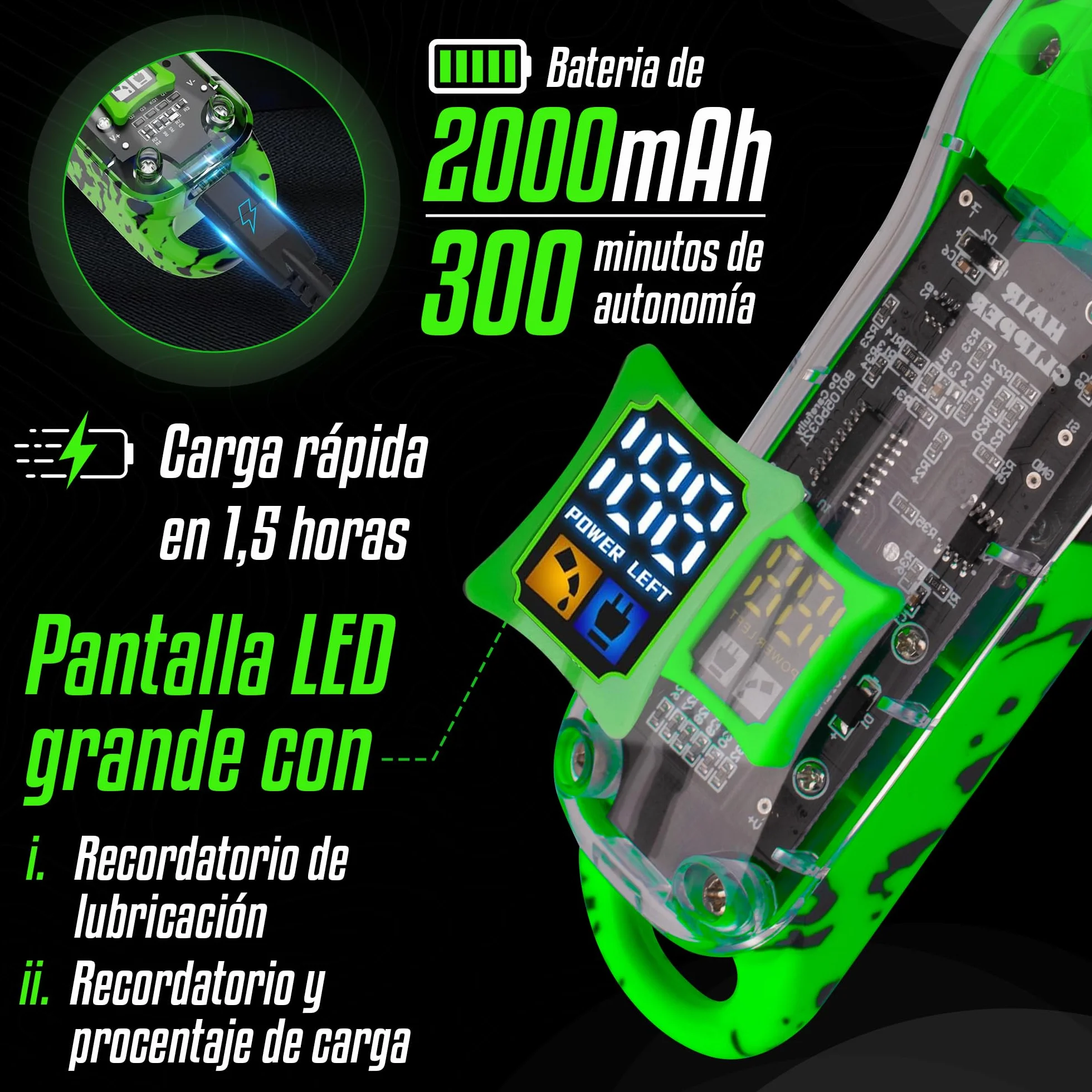 Recortadora de Pelo Inalámbrica LED Verde, Cortapelos para Hombre Barba y Cabello con Kit de 8 Peines Guía y Batería de Larga Duración