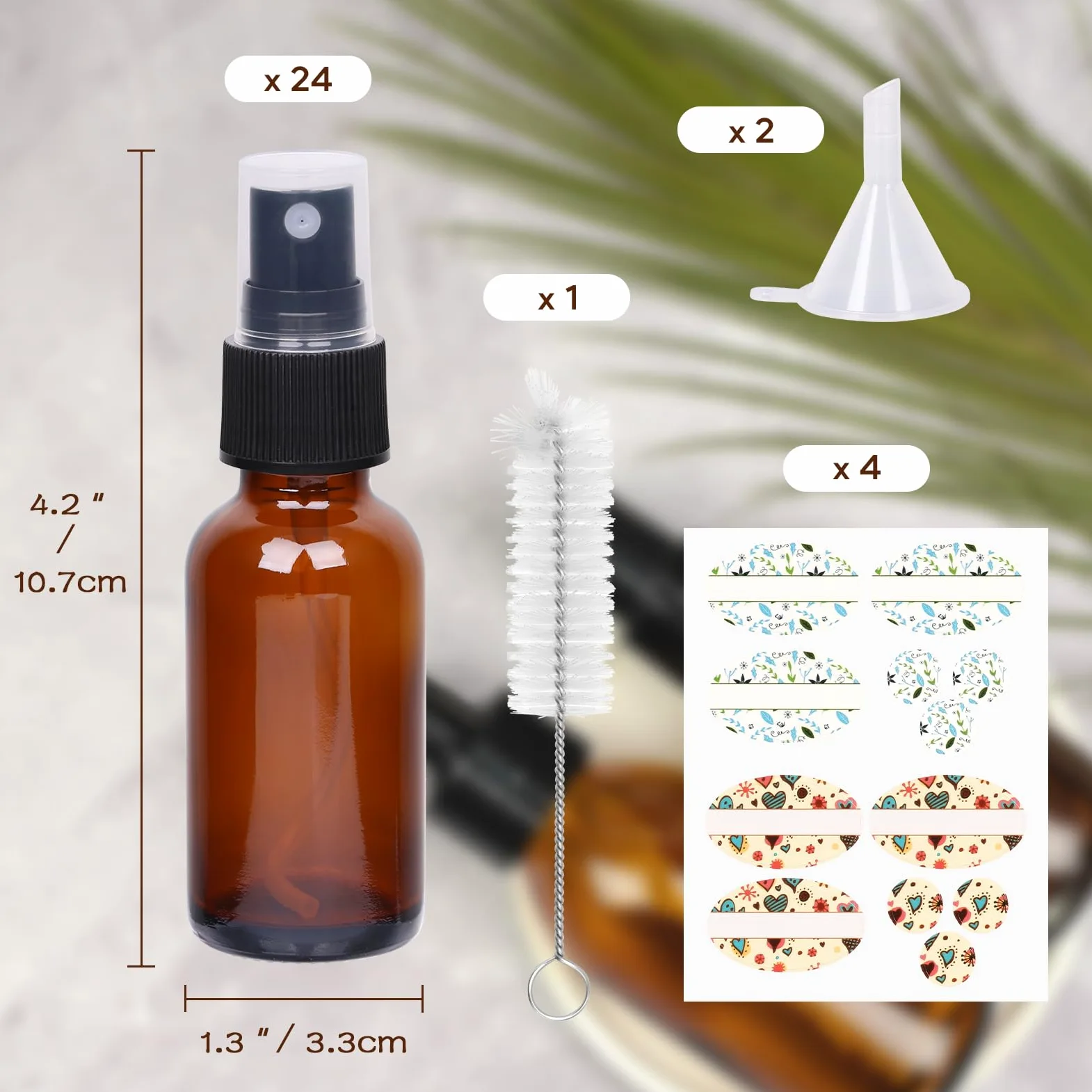 Paquete de 24 botellas de spray ámbar de 1 onza con pulverizador de niebla fina, botellas de viaje de vidrio de 30 ml para aceites esenciales cosméticos, soluciones de limpieza, perfumes y