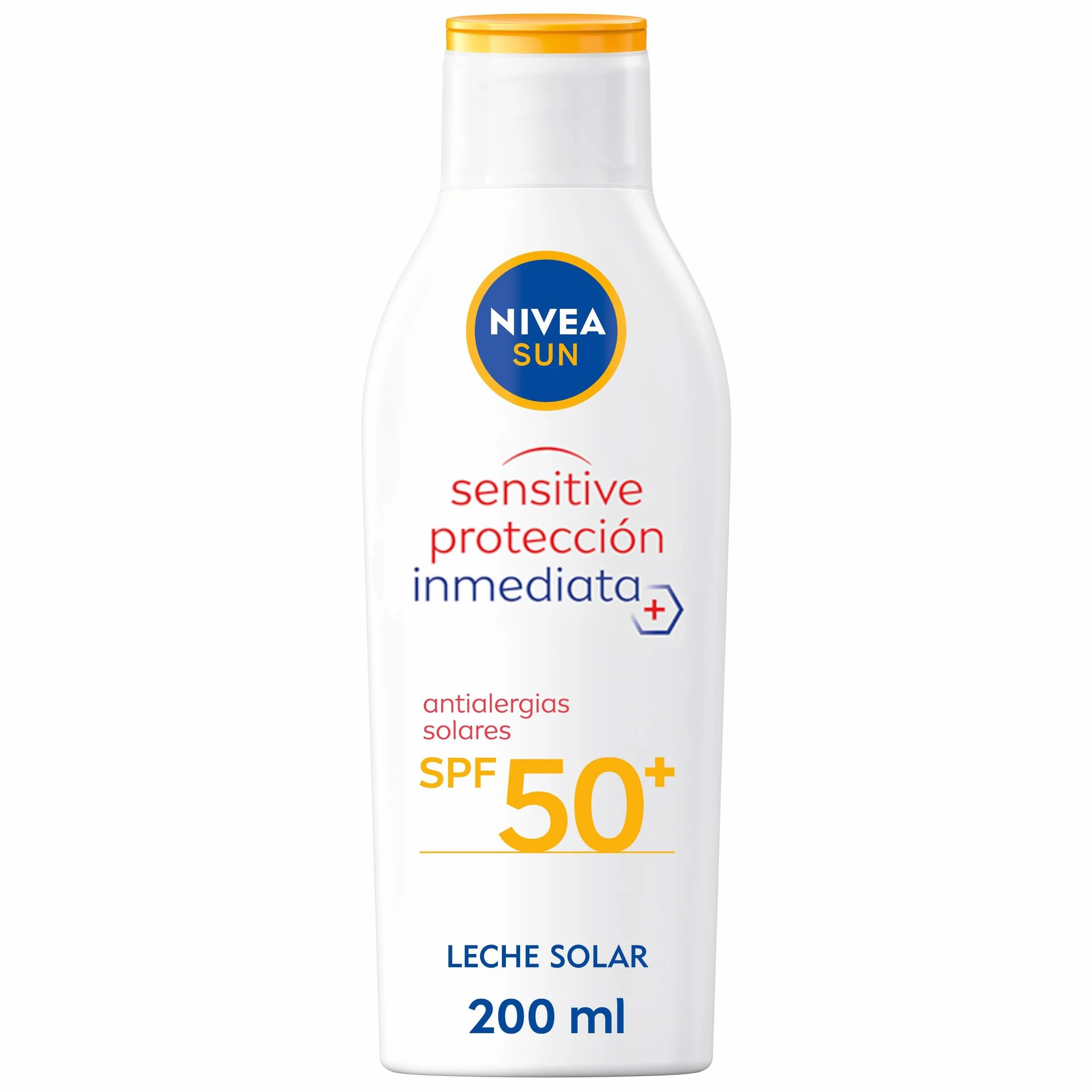 NIVEA SUN Sensitive Protección Inmediata Antialergias Solares Leche Solar FP 50+ 200 ml, protector solar no graso para piel sensible, resistente al agua