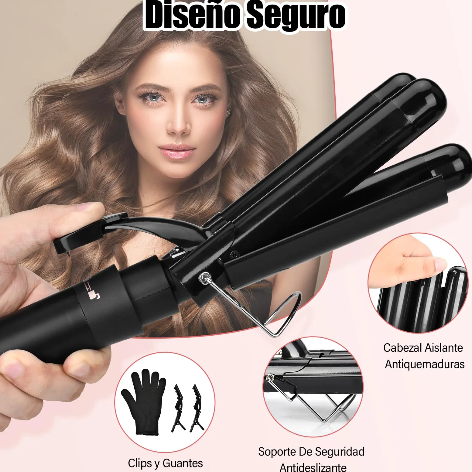 Rizador de Pelo 5 en 1 con 5 Accesorios Intercambiables, Rizador Pelo Ondas, Plancha Ondas de Cerámica, Temperatura Ajustable, Calentamiento Rápido, Rizador Tres Barriles para Rizos y Ondas