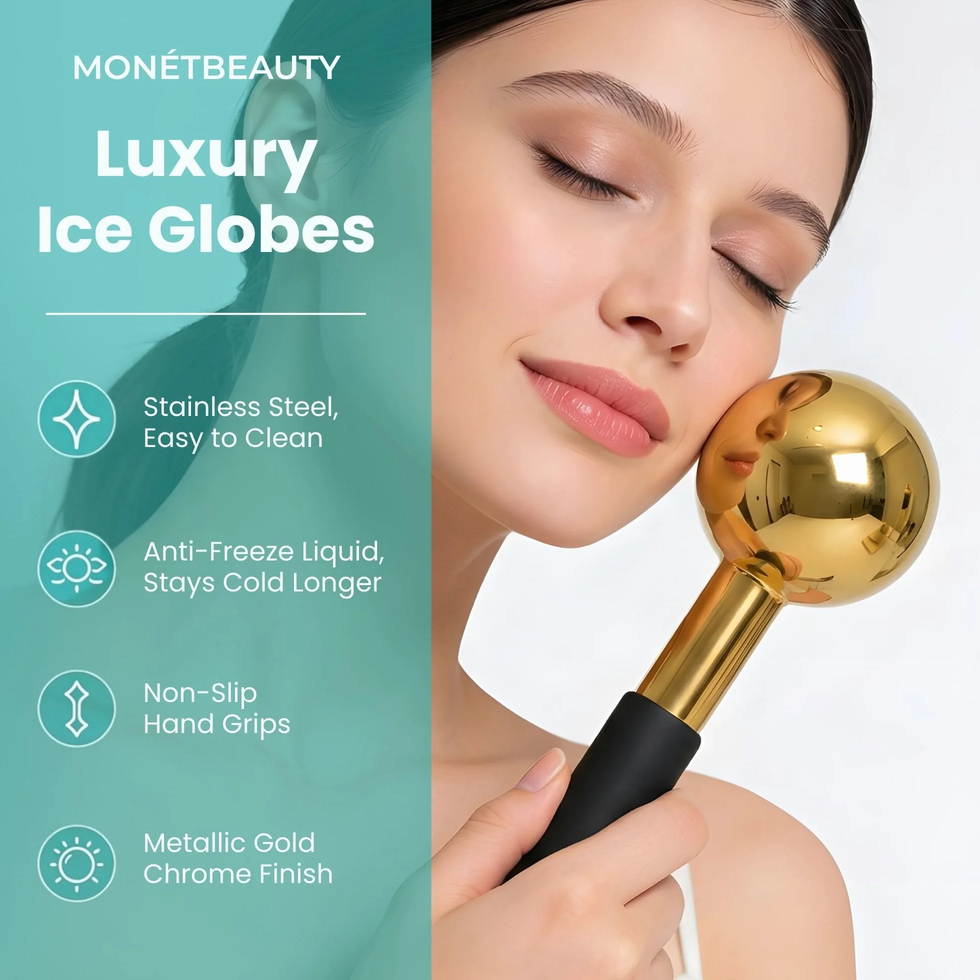 MonétBeauty Globos de hielo de acero inoxidable para tratamientos faciales, mango negro dorado, globos criogénicos duraderos que reducen instantáneamente la hinchazón, aprietan los poros y el alivio