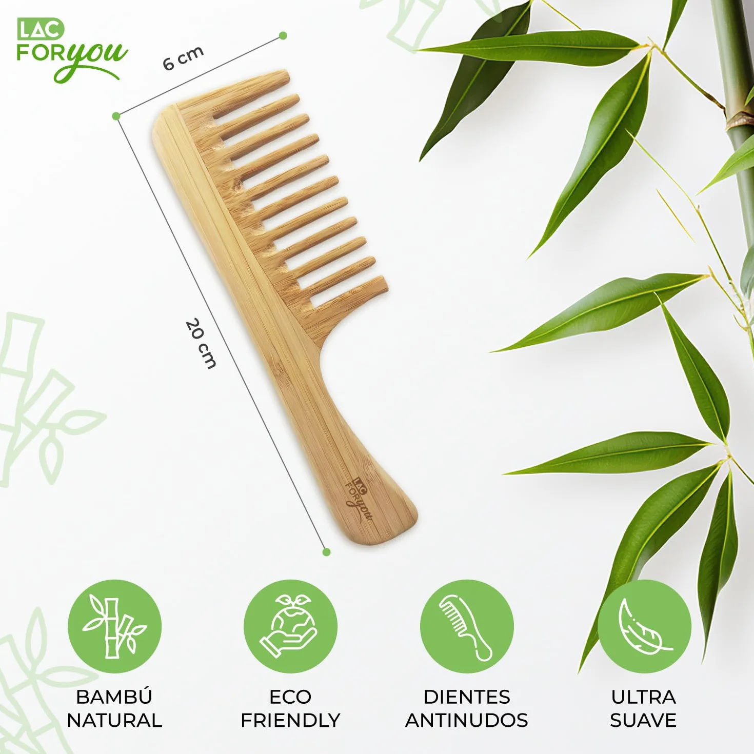 Peine Puas Anchas Antifrizz Natural Madera para Pelo Rizado
