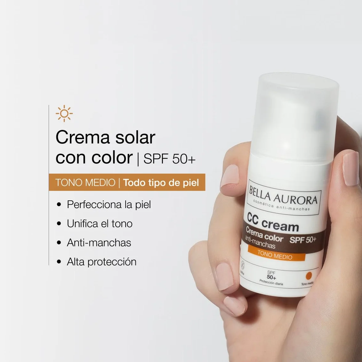 Bella Aurora CC Cream Antimanchas SPF 50+ Tono Medio 30 ml Protector Solar Facial con Color