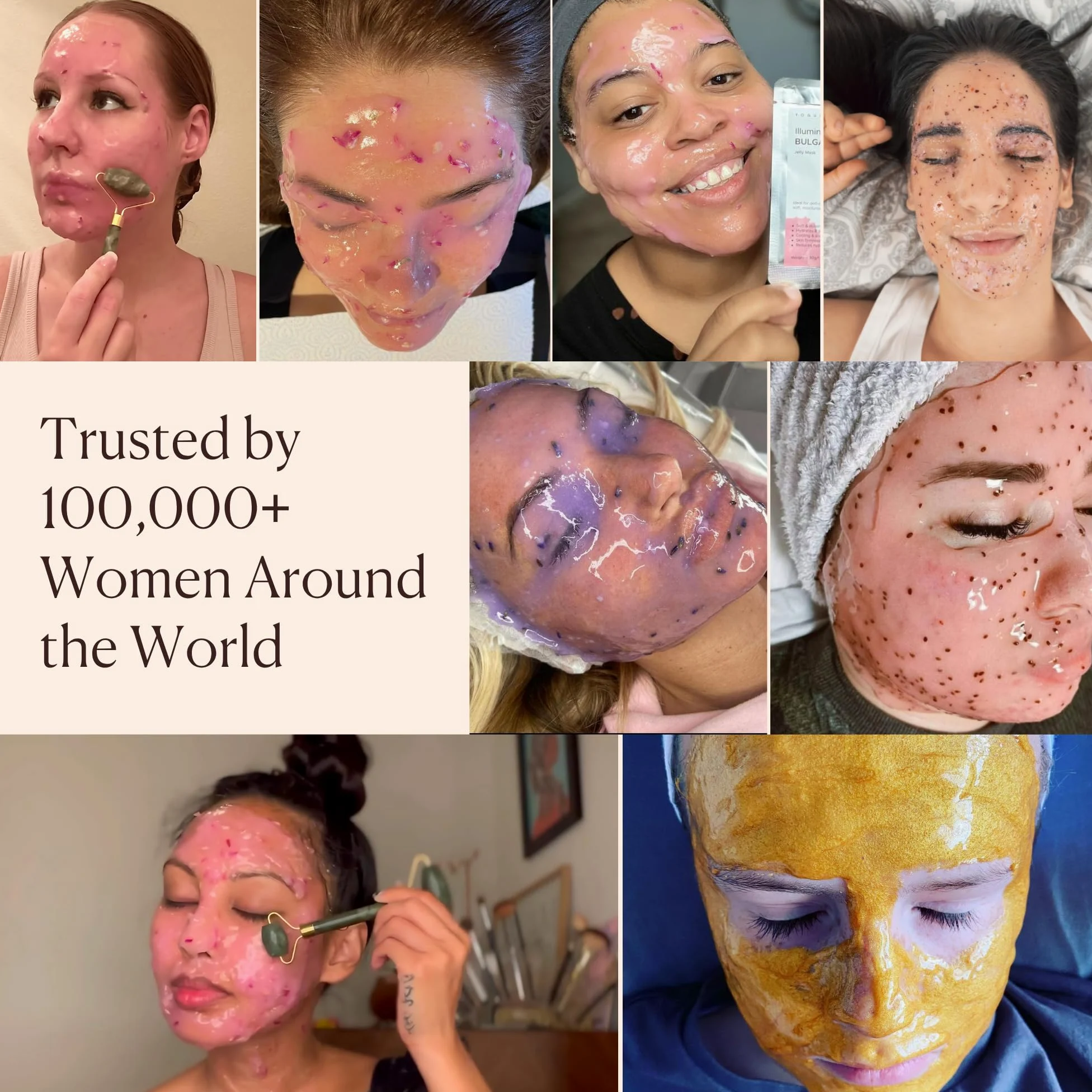 VogueNow Mascarilla facial de gelatina para tratamientos faciales - Mascarilla de gelatina hidratante, iluminadora y nutritiva de rosa búlgara con rodillo de jade y espátula gratis (Juego de 3 piezas)