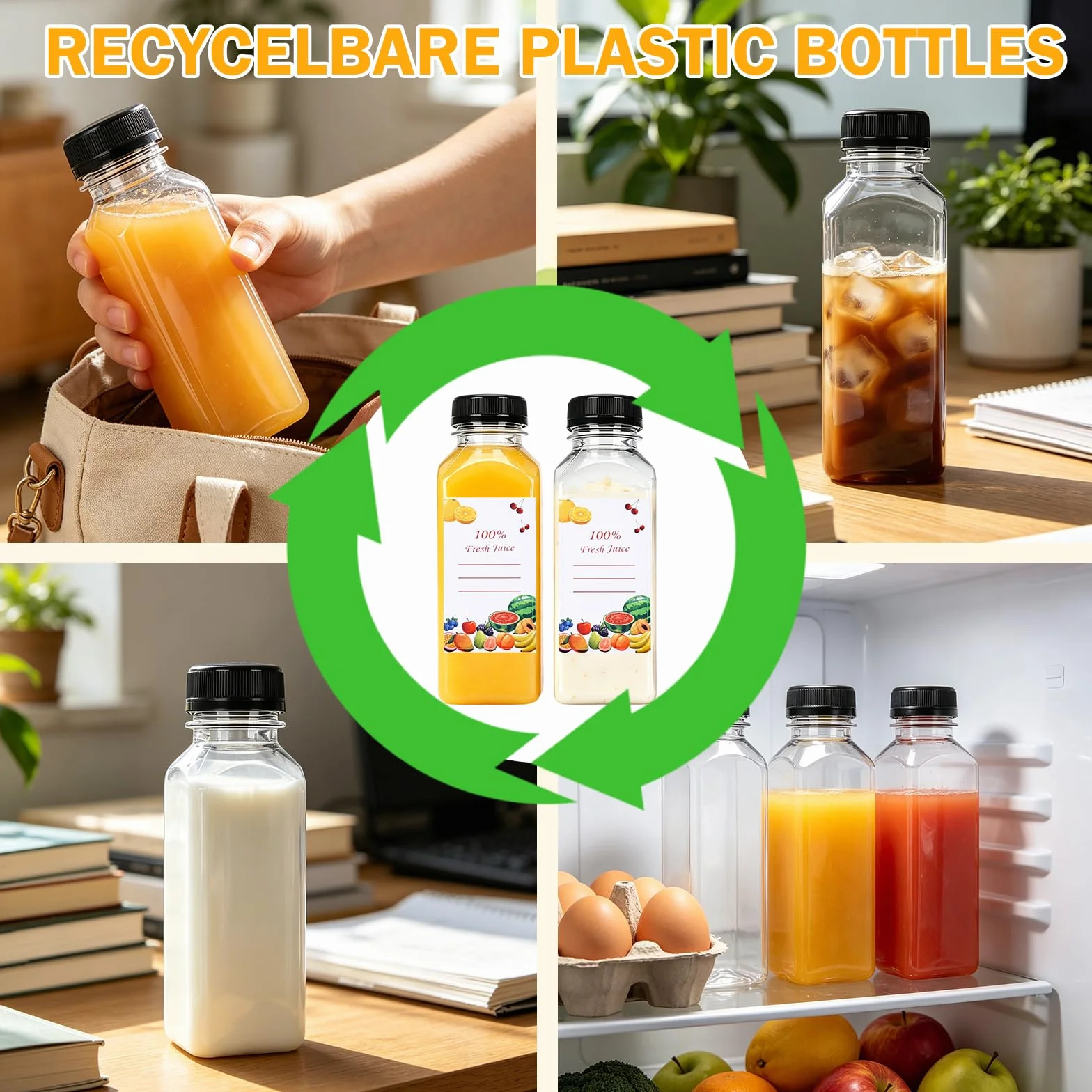 Botellas Vacías Reutilizables de 350 ml, 16 Botellas de Plástico con Tapas de Sellado, Material PET, para Jugo, Agua, Batidos, Incluye Embudo y Cepillo