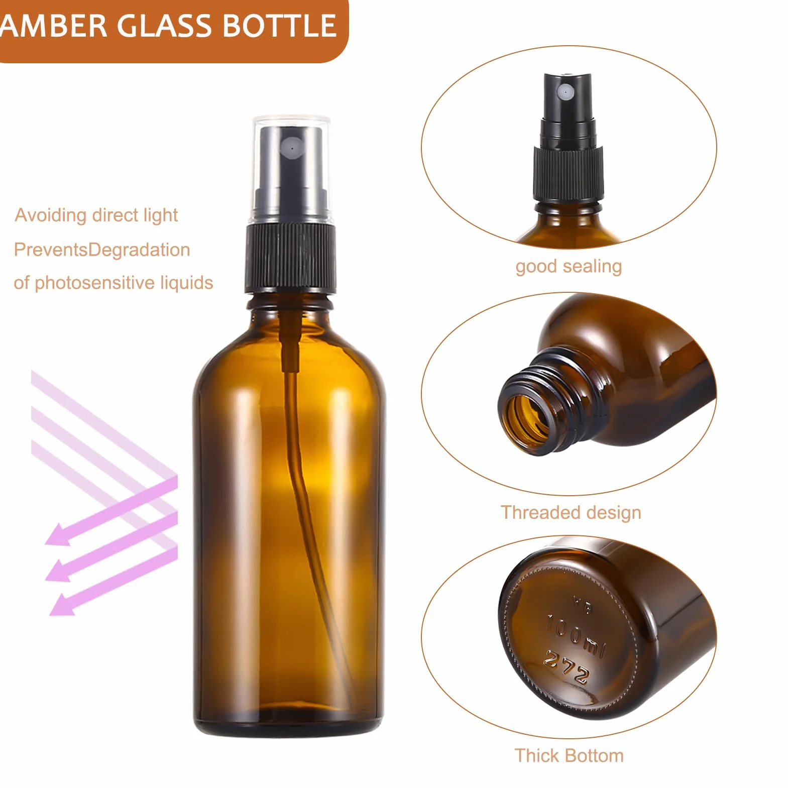 Lot de 3 flacons vaporisateurs ambrés 100 ml pour parfum, aromathérapie, cosmétiques
