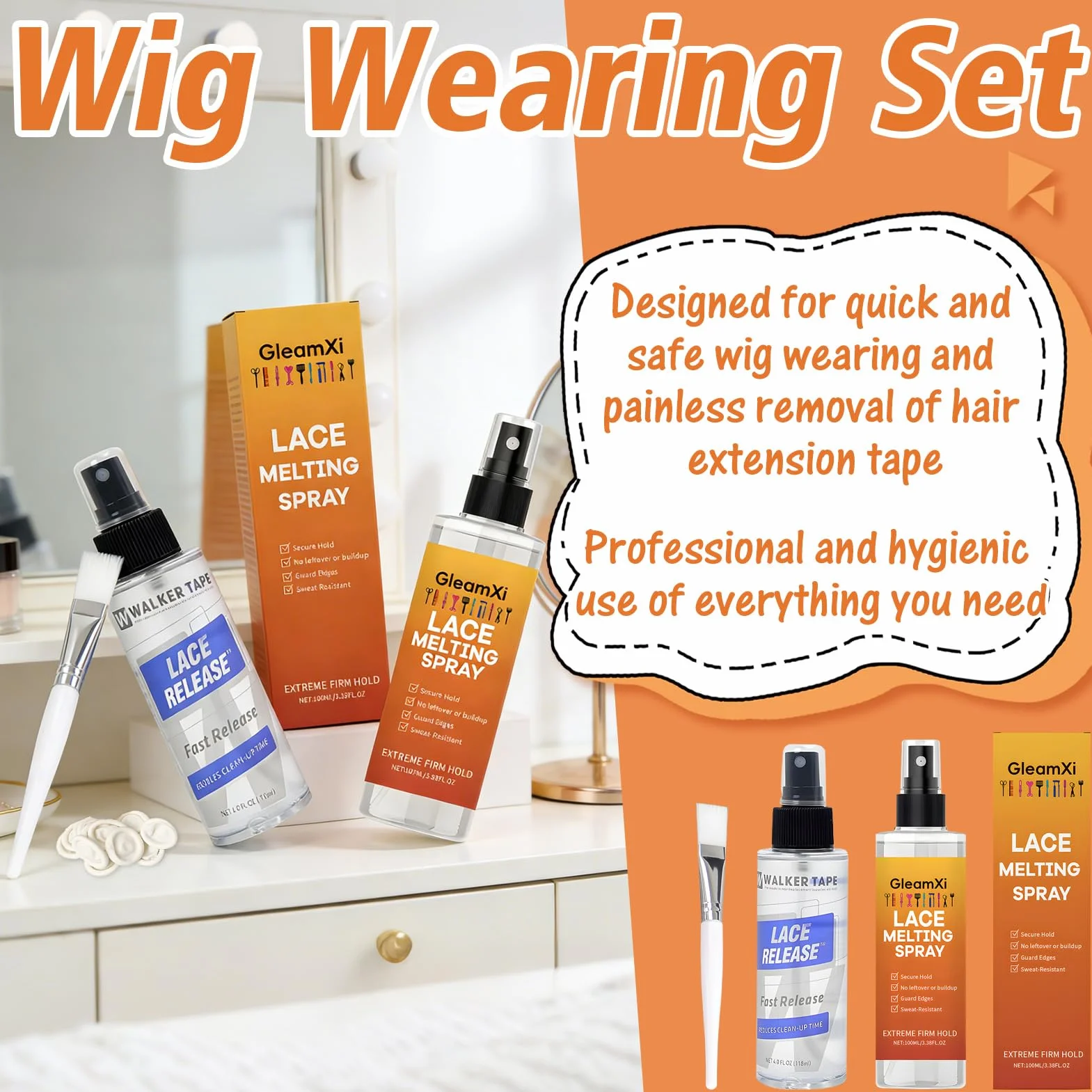 Wig Glue Kit Removedor de Extensiones Adhesivas con Cepillo Aplicador y Cinta