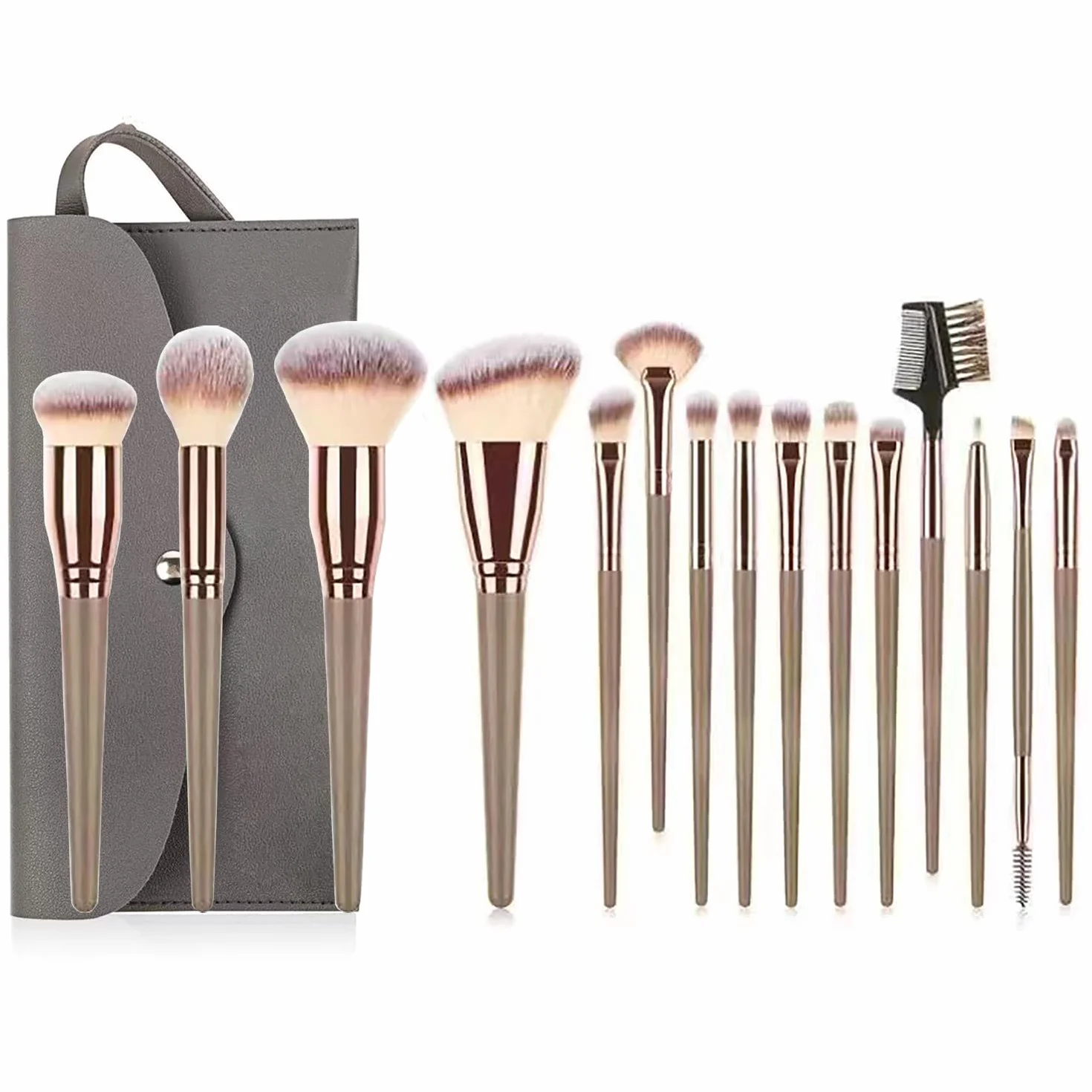 Juego de Brochas de Maquillaje Profesional 15 Piezas, Pinceles Sintéticos para Base, Ojos y Polvo con Bolsa