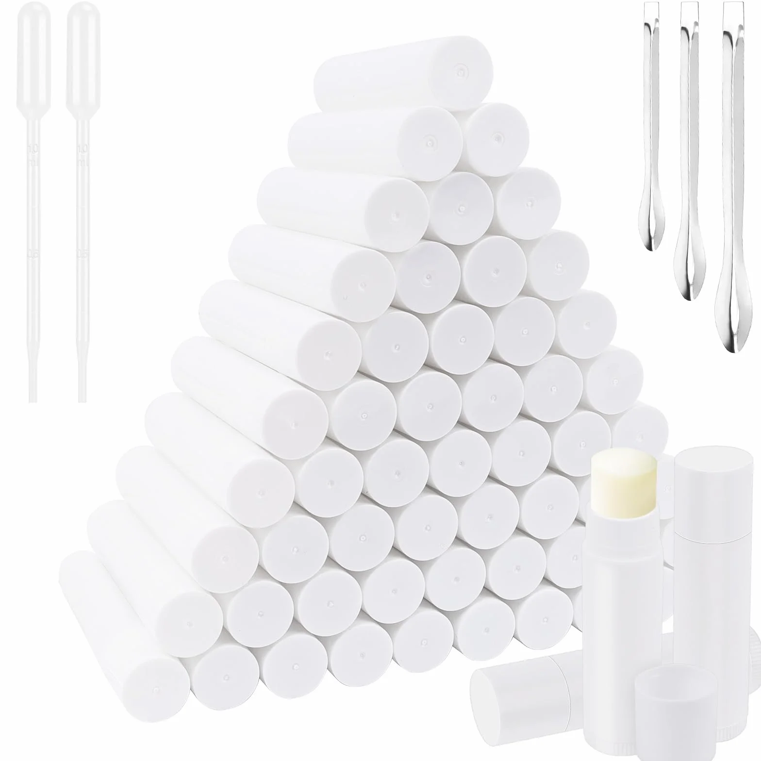60Pcs Envases Labiales Vacios, Bote Balsamo Labial, Tubo de Lápiz Labial Blanco, con Cuchara y Cuentagotas para DIY Bálsamo Labial