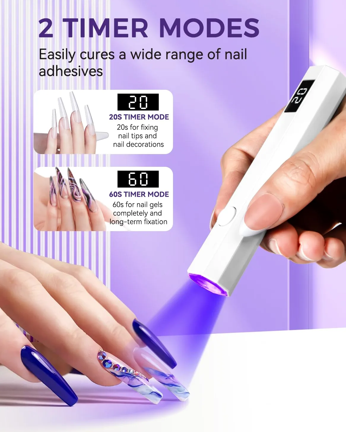 mlogiroa Mini luz UV para uñas, luz de curado de mano, lámpara LED portátil de 3 W con 2 ajustes de temporizador, 20/60 segundos, para el hogar, salón de belleza, esmalte de gel para mujeres (blanco)
