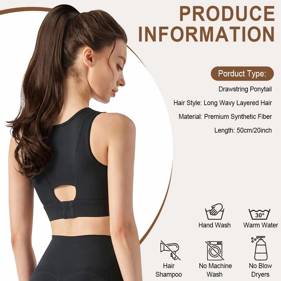Flintronic Coleta Postiza de Caballo con Cordón, Extensión de Cola para Mujeres, Ondulado Rizado Sintética, Marrón Oscuro, 50cm