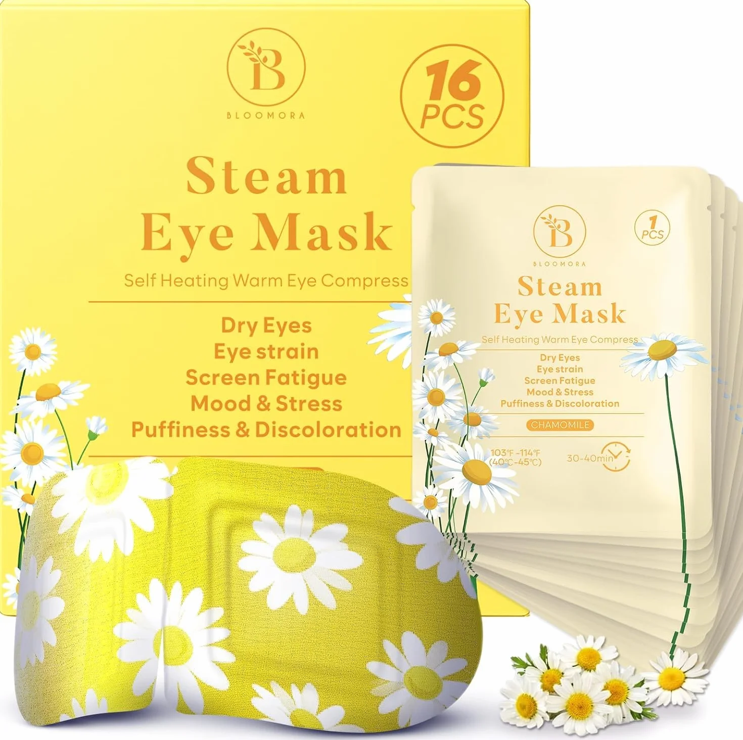 Pack de 16 Antifaz Ojos Secos con Manzanilla, Máscara Caliente Vapor para Bolsas Fatiga Blefaritis, Desechable Auto-Calefactable para Dormir Viajar