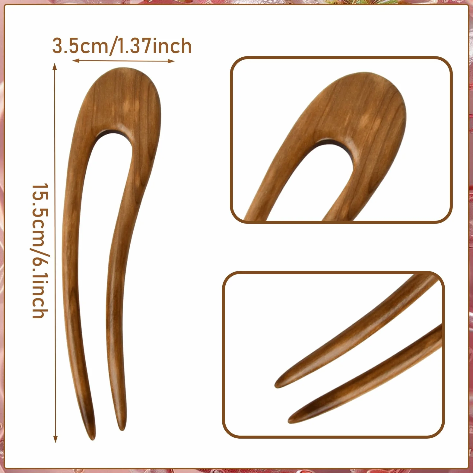 Pinzas para el Cabello en Forma de U 15.5 cm Madera de Sándalo Horquillas Francesas para Mujer