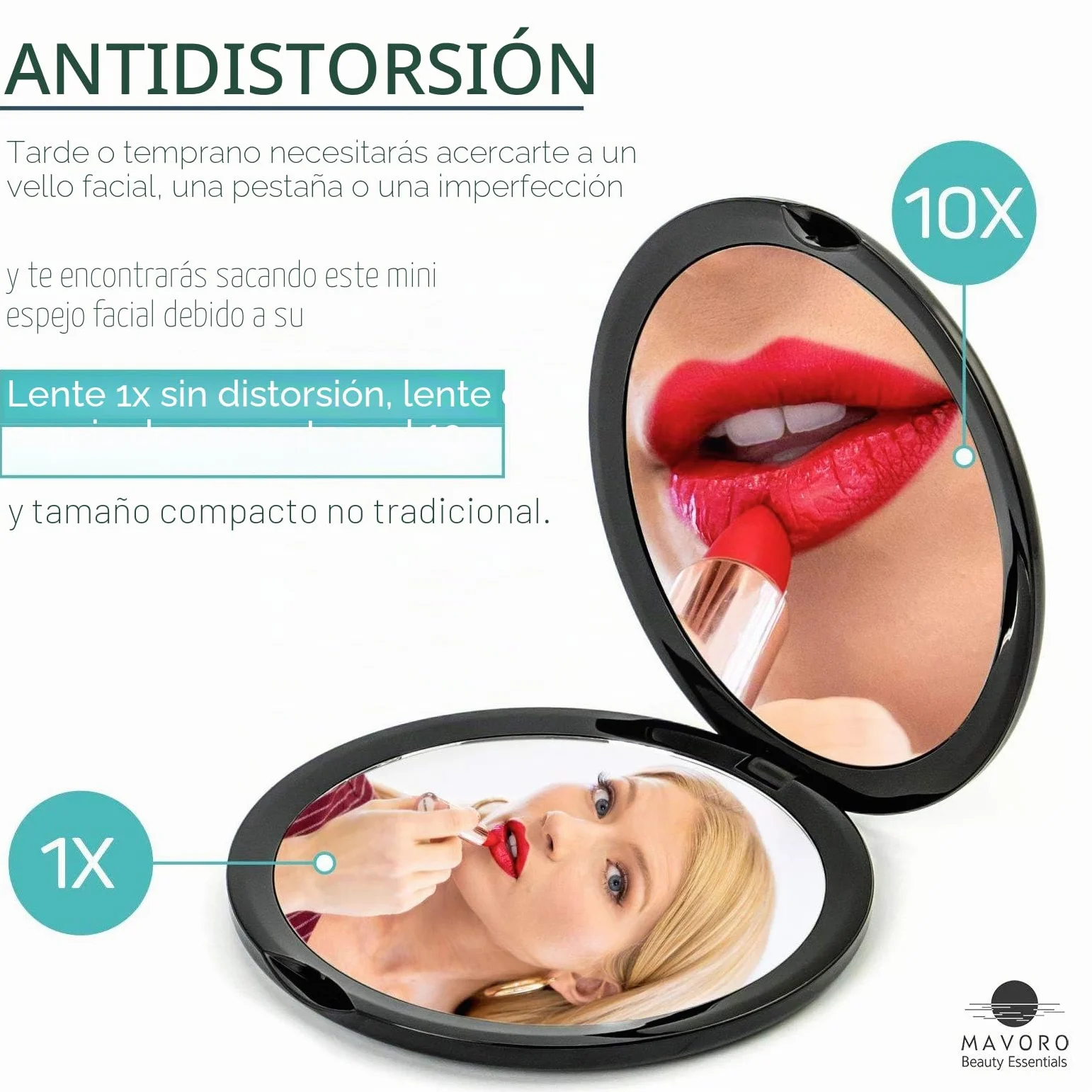 Espejo Compacto con Aumento 1X/10X Doble Cara para Maquillaje de Bolsillo Pequeño (Negro)