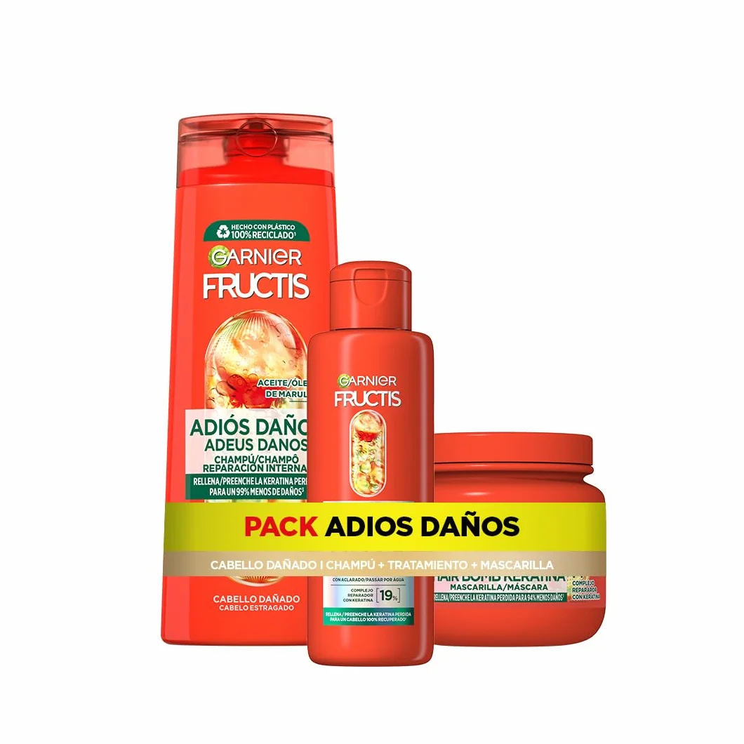 Garnier Fructis Rutina Adiós Daños Champú Tratamiento Mascarilla Queratina Reparación Profunda 200ml+380ml+320ml