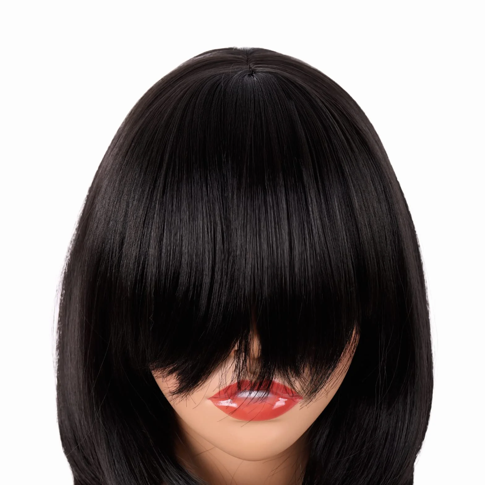 MapofBeauty 18 Pulgadas /45 cm Medio Largo Pelucas Sintéticas Con Flequillo Lacio Cabello (Negro)