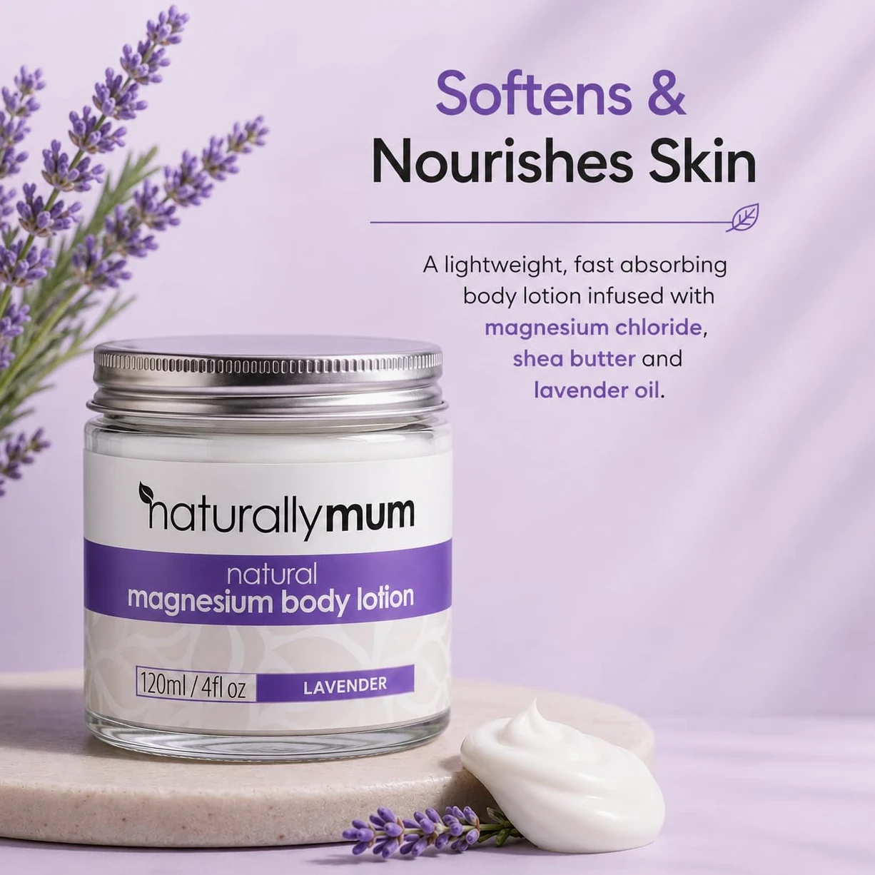 NaturallyMum - Loción corporal de magnesio [natural y vegana] - Loción tópica de cloruro de magnesio para la salud del sueño, los huesos, el corazón y los músculos - Lavanda - Fabricado en el Reino