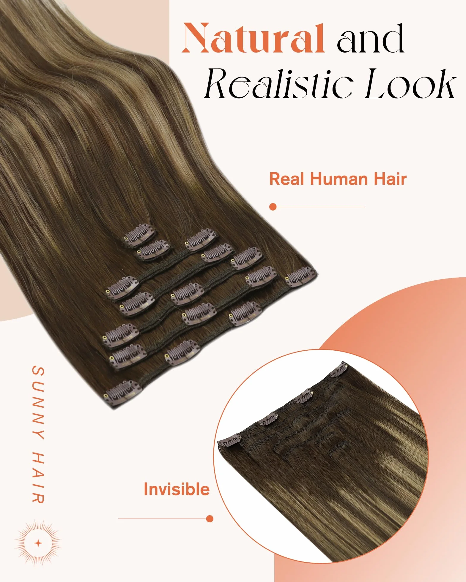 Sunny Extensiones de Cabello Natural Clip Humano 20 Pulgadas Balayage Marron con Rubio 4/27/4# Clip en Extensiones Pelo Clip 7pcs 120gramo