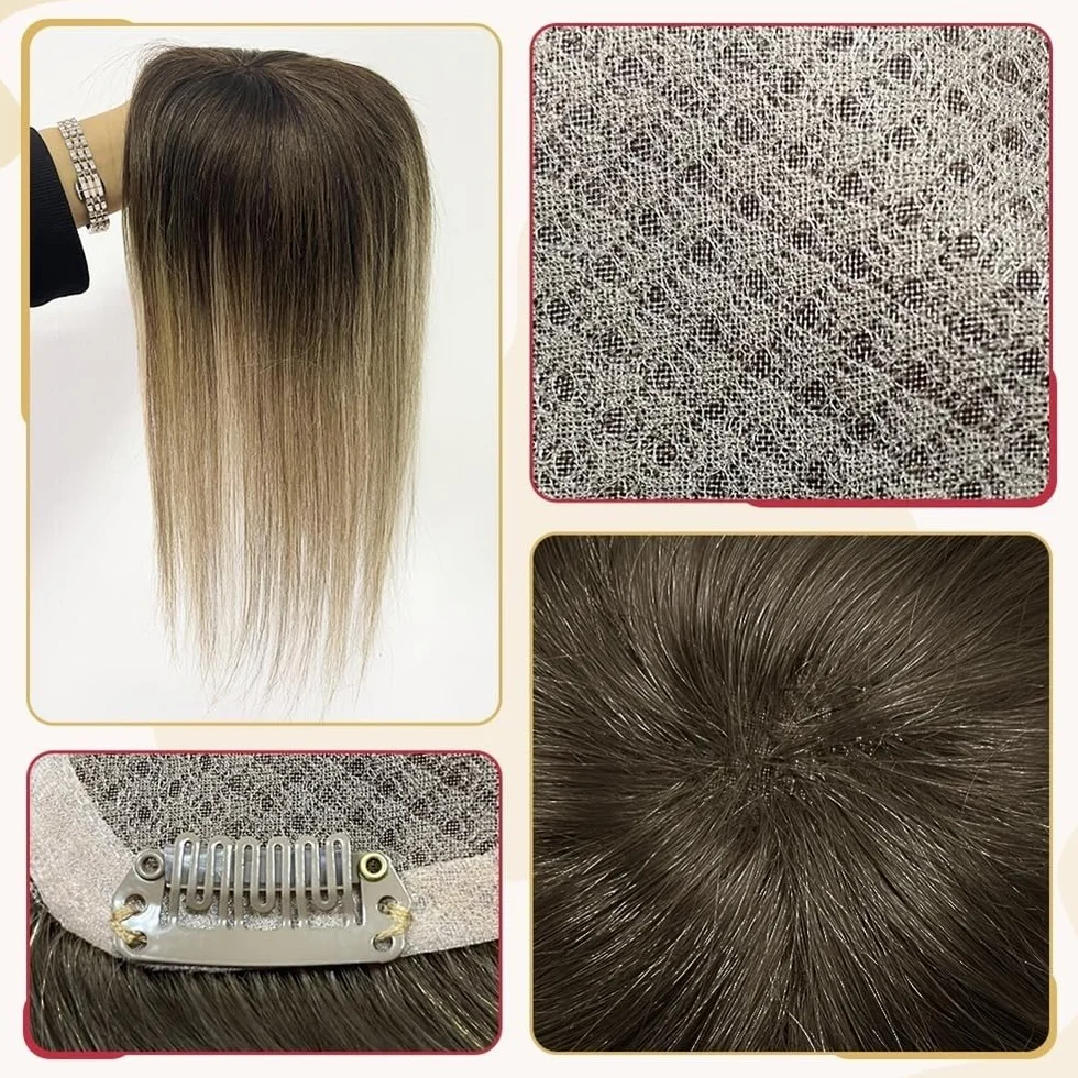 Natural Looking Hairpiece for Women, Postizos de cabello humano liso de 13 × 13 cm con cobertura de área grande, base monocromática, recubierto de PU, postizos de cabello Remy con clip, color marrón o