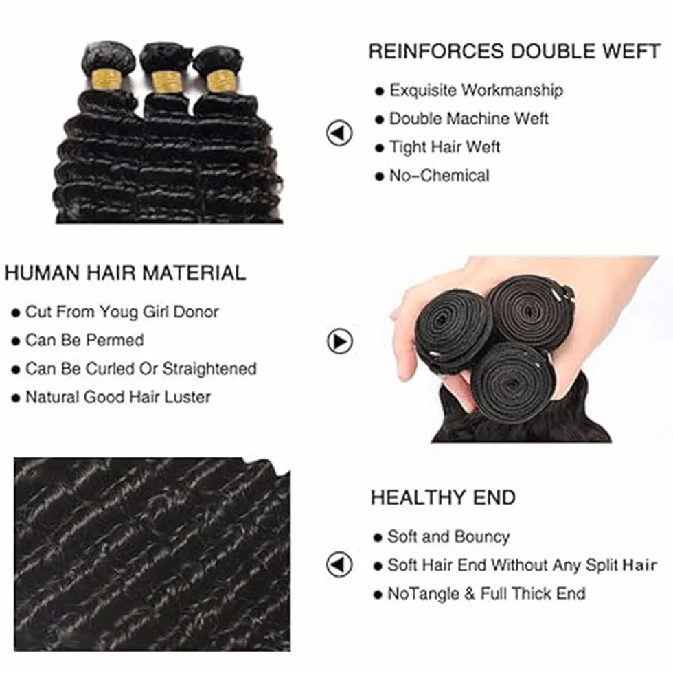 Peluca de onda profunda para mujer, paquetes de cabello humano humano sin procesar brasileño, extensiones de cabello humano virgen 1B natural negro paquete con una cobertura mínima para