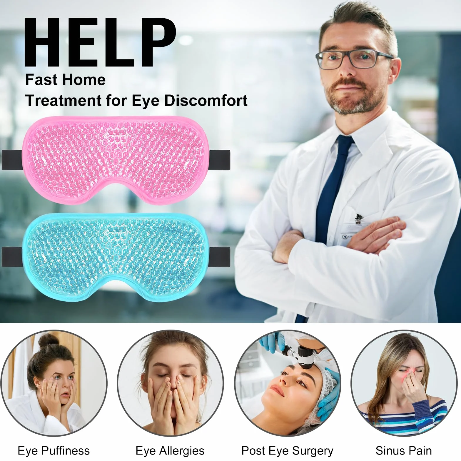 Máscara de Ojos Fría BeeVines 2 Piezas Gel Refrescante Compresa Fría y Caliente para Alergias Sinusitis Migrañas