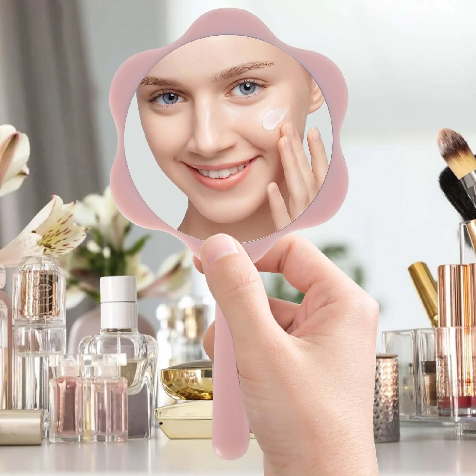 Espejo de mano flor con asa para maquillaje y peinado portátil rosa