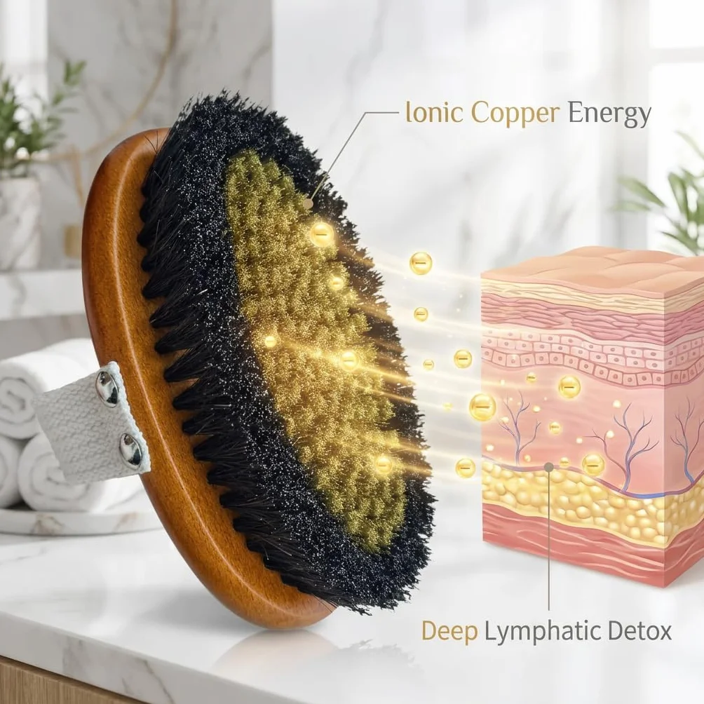Cepillo corporal de cobre iónico para drenaje linfático, cepillo exfoliante para piel radiante, cepillo de piel seca para celulitis, mejora la circulación sanguínea, reduce el estrés