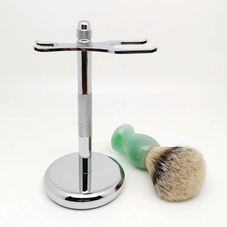 Soporte de maquinilla de afeitar práctico de acero inoxidable para hombre, soporte para cepillo de afeitar de pelo de tejón plateado masculino, juego de afeitado perfecto de moda