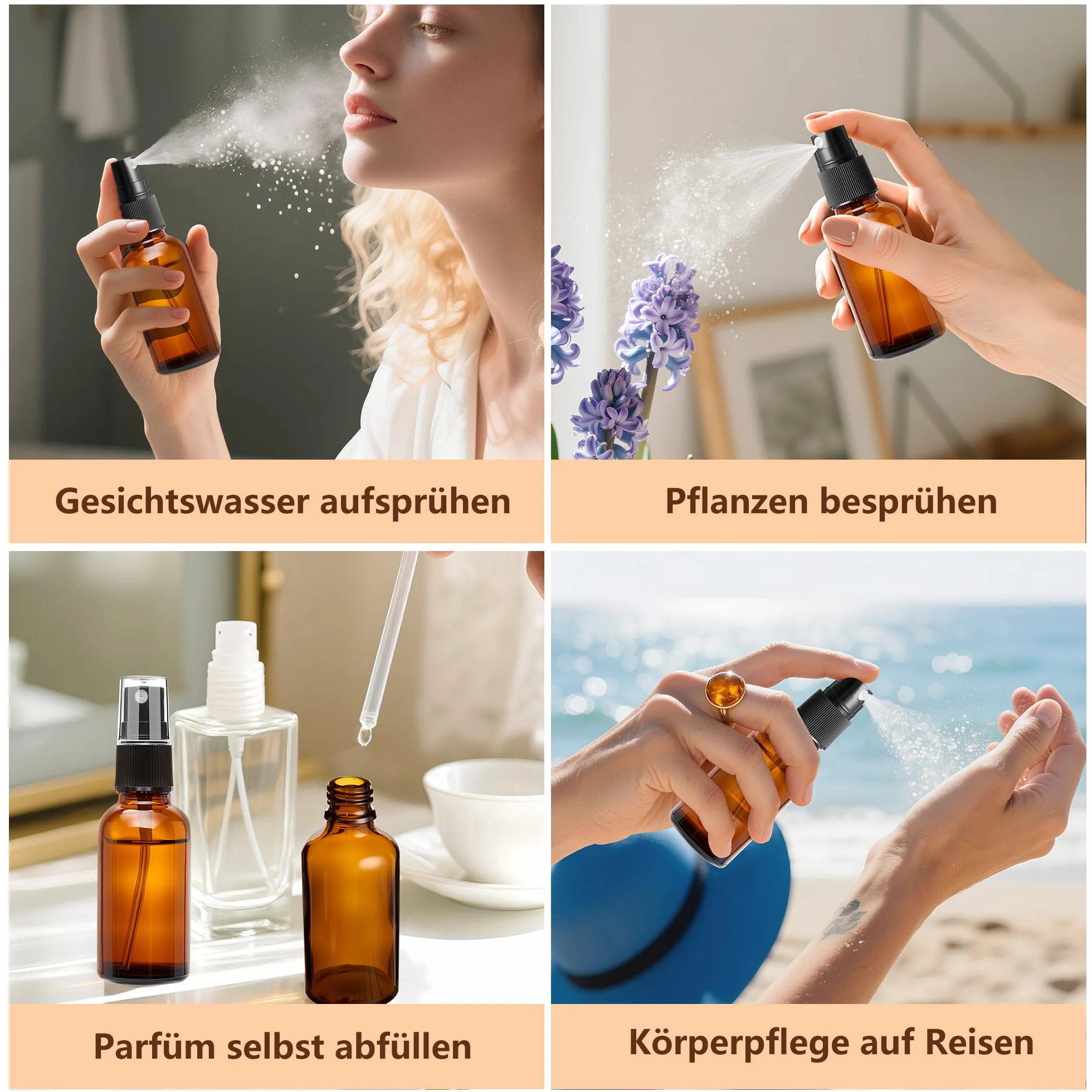 Elalove 6 botellas pulverizadoras de vidrio ámbar 30ml con cuentagotas para aceites esenciales