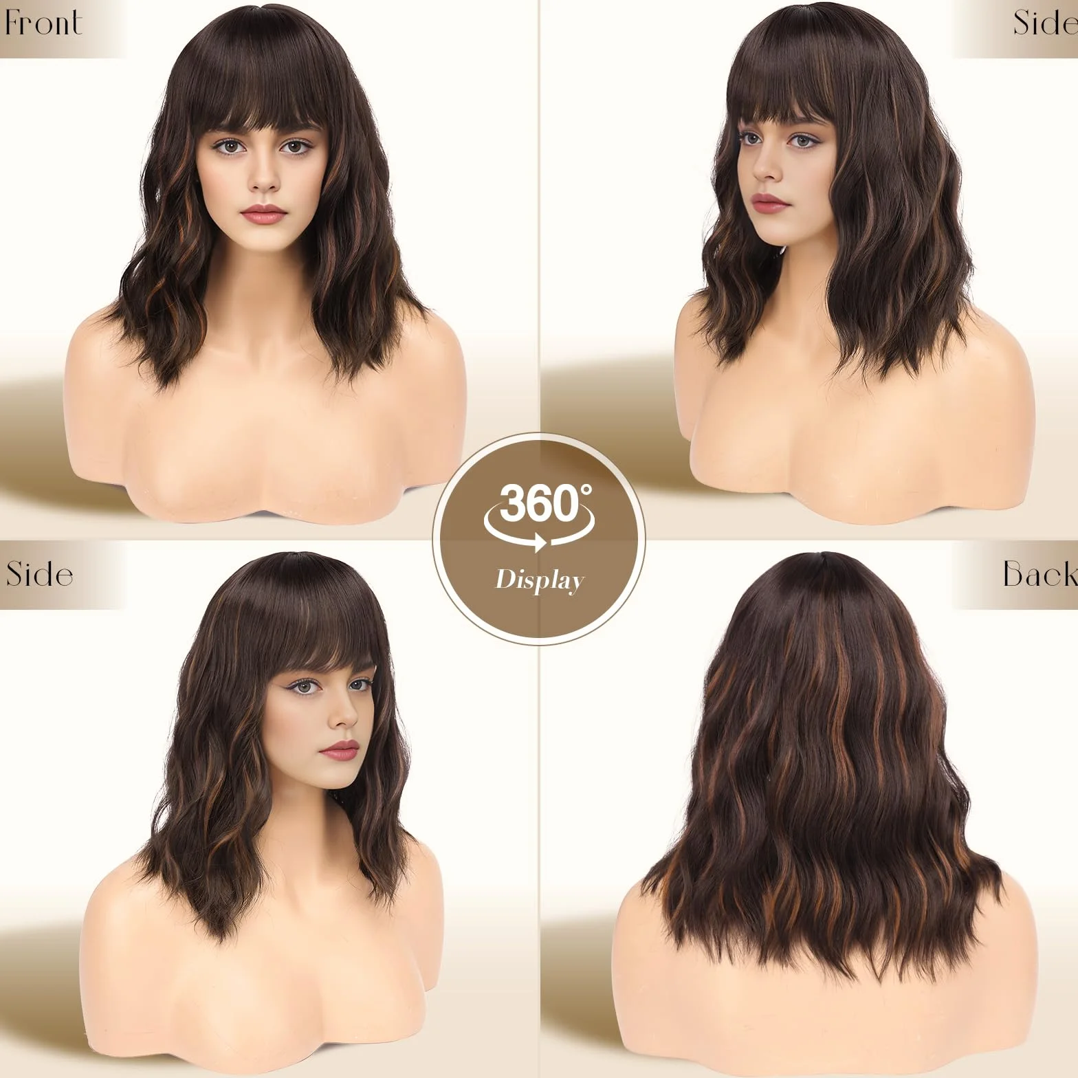 FESHFEN Peluca Bob Rizada Castaño Oscuro Ondulado con Flequillo 35 cm para Mujer