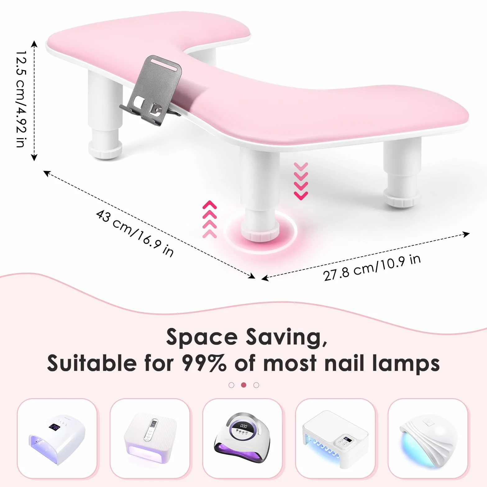 Reposabrazos para uñas para la mano: cojín de mano ajustable con altura y soporte para teléfono giratorio de 360° – Reposabrazos para uñas de cuero PU rosa para uso en salón de uñas y en casa