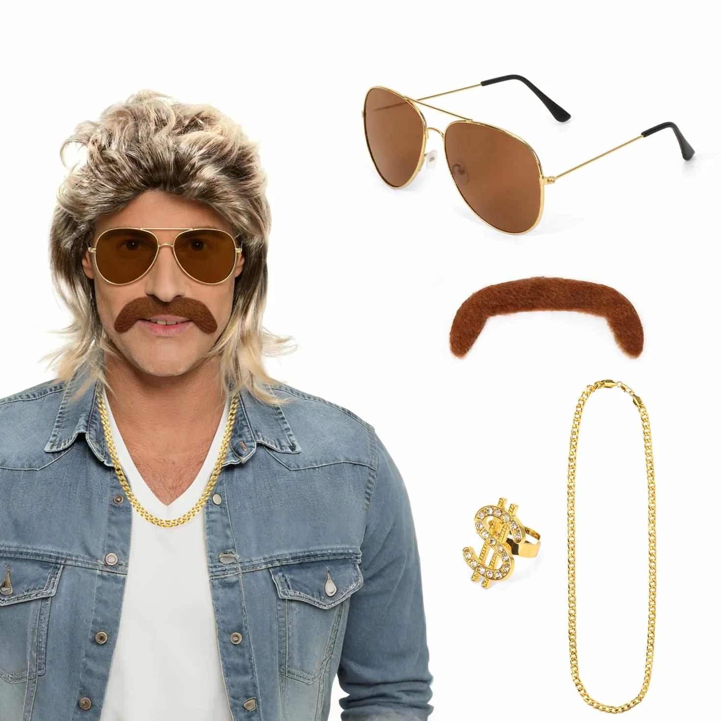 Meleager Peluca Mullet Hombre, Disfraz Ochentero, Juego 5 Accesorios Carnaval