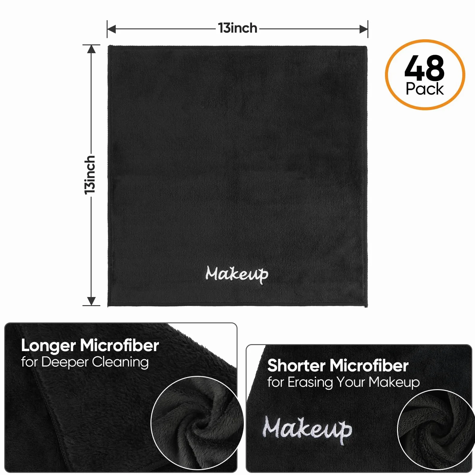 UNIMADE Paños desmaquillantes, paquete de 48 paños faciales negros, toallas faciales de microfibra de forro polar coral suave para cara, manos y baño (13 x 13 pulgadas)