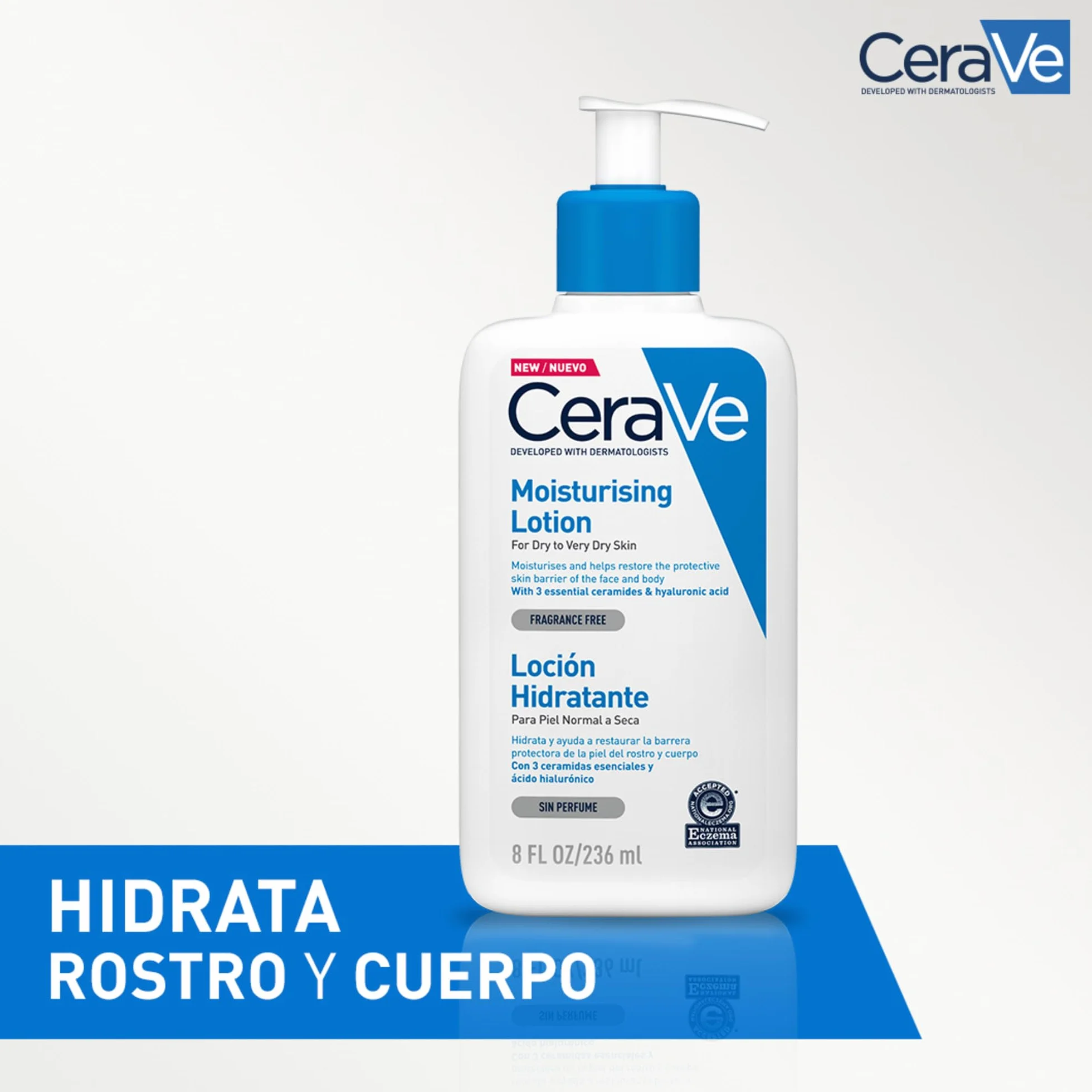 CeraVe Loción Hidratante, Piel Seca a Muy Seca, Enriquecida con Ceramidas y Ácido Hialurónico, Rostro y Cuerpo