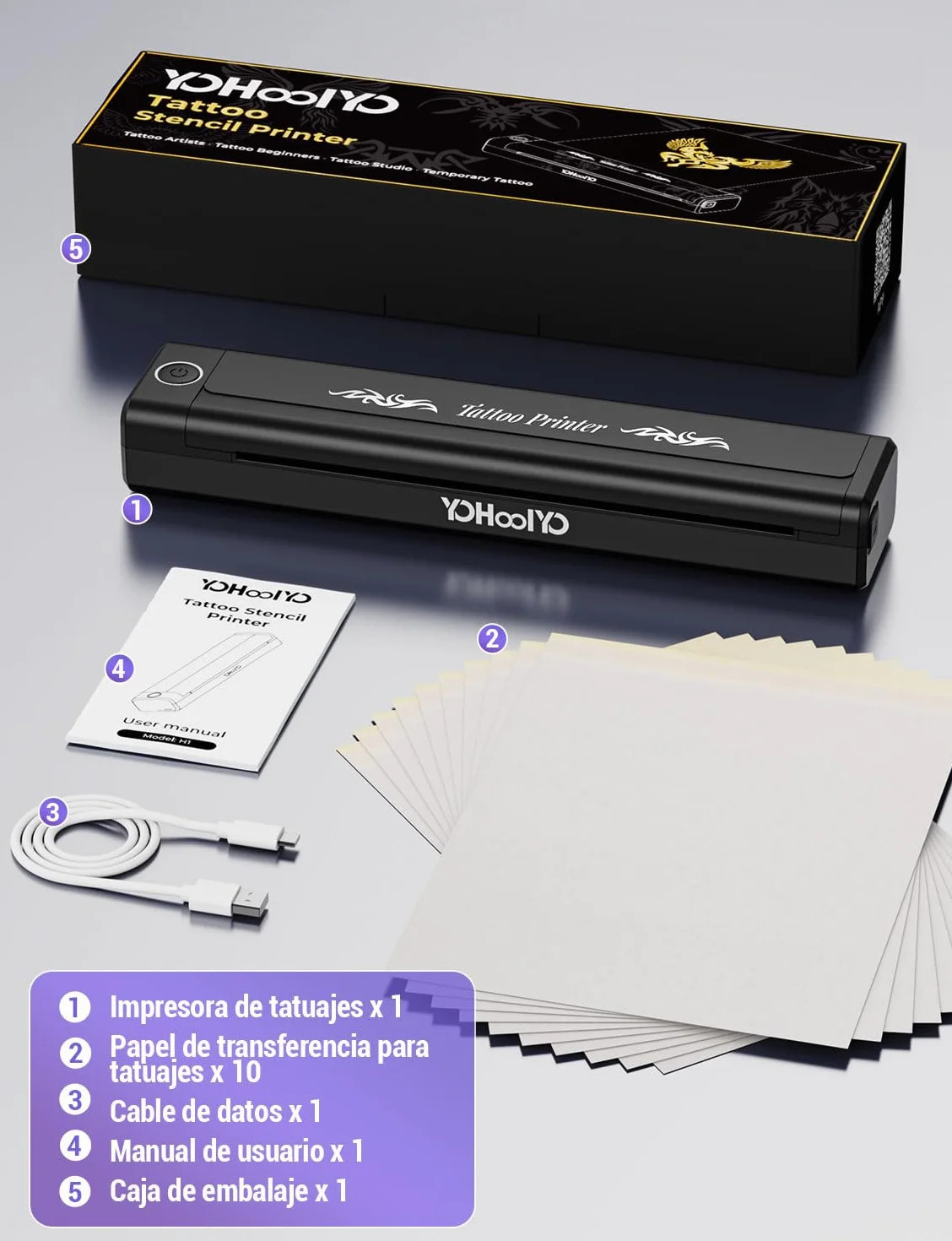YOHOOLYO Termocopiadora Tattoo Bluetooth Impresora Termica Tattoo Portatil 203 DPI Compatible con Smartphones Tabletas Incluye 10 Hojas de Transferencia para Tatuadores Principiantes