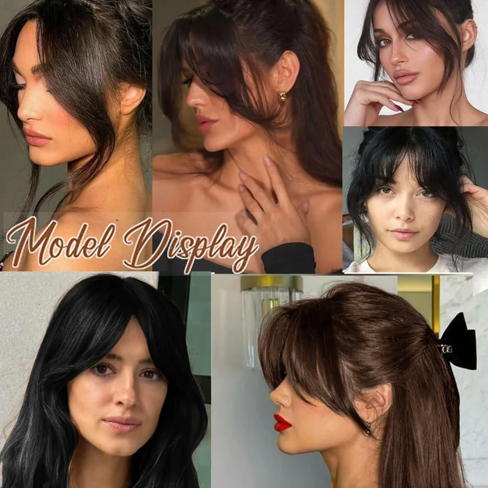Flequillo Postizo Pelo Natural 3D Plano con Patillas Extensión Cabello Mujeres (Marrón-negro)