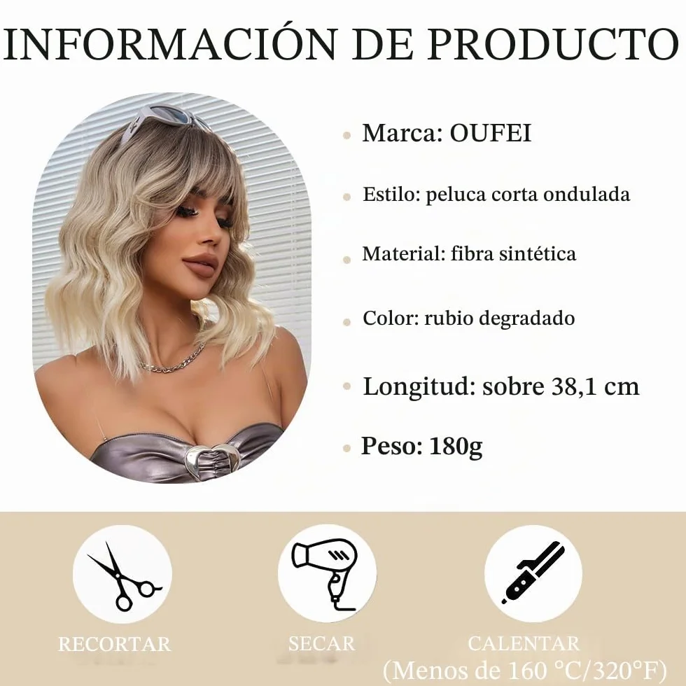 Pelucas Rubias Ombre para Mujer Peluca Corta Ondulada con Flequillo de Pelo Sintético Resistente al Calor
